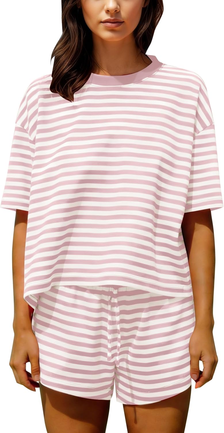 Ythomm Striped Pajamas Shorts Sets Women 2 Piece Lounge Outfits Short Sleeve Tees Drawstring Shorts Summer Matching Pj Sets