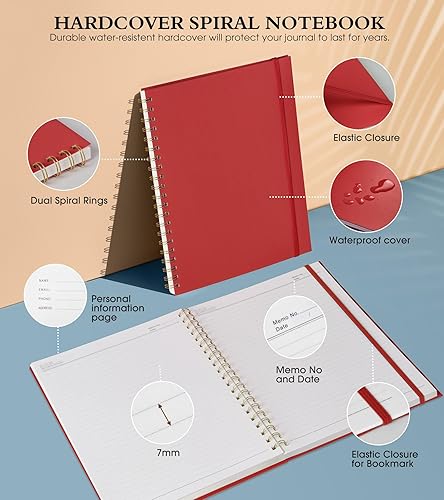Miniatura 3 de Cuaderno de espiral de 8.5 x 11 pulgadas, cuadernos grandes A4 para mujeres y hombres, diario rayado universitario, papel de 100 GSM, diarios Rojo