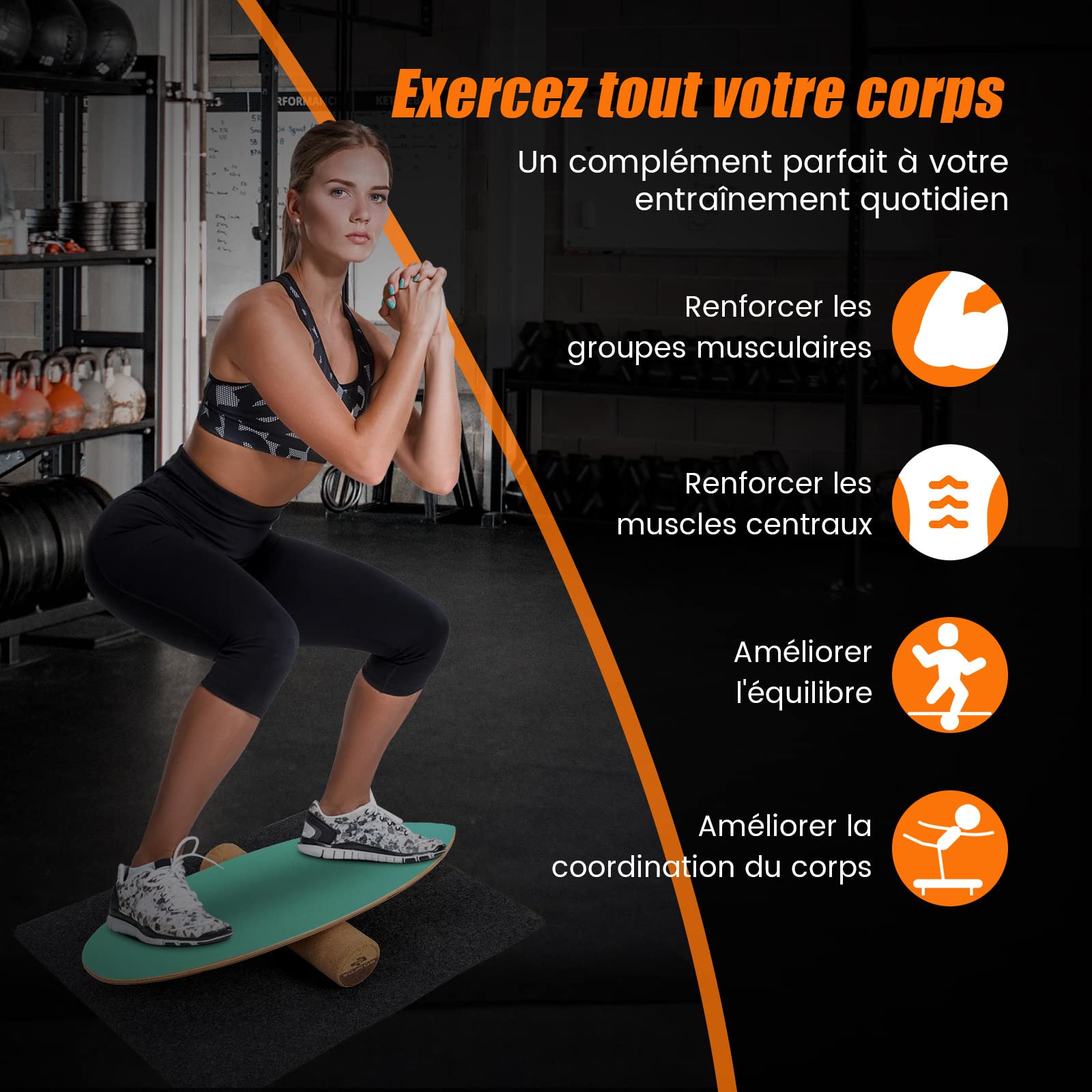 COSTWAY Planche d’Équilibre en Bois avec Rouleau