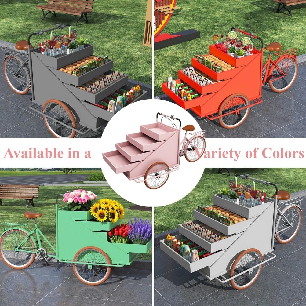 Carrito de Venta Ambulante de Comida móvil de Gran tamaño con Triciclo, para Plantas con Estante de exhibición Abierto de 4 Capas, para Venta minorista y Entrega a Domicilio