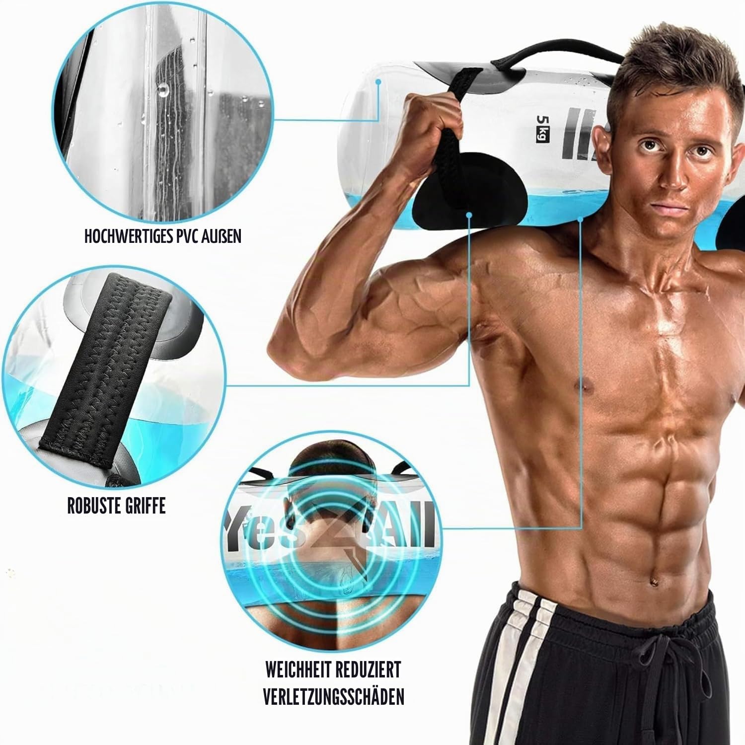 Yes4All Wassergewichtstaschen für Workout, 15,9/20,4/36,3 kg, Core-Training, Aqua Bag, tragbar, stabil, Fitness, Beweglichkeit, haltbar für drinnen und draußen, Größe Large, transparent und dunkelblau