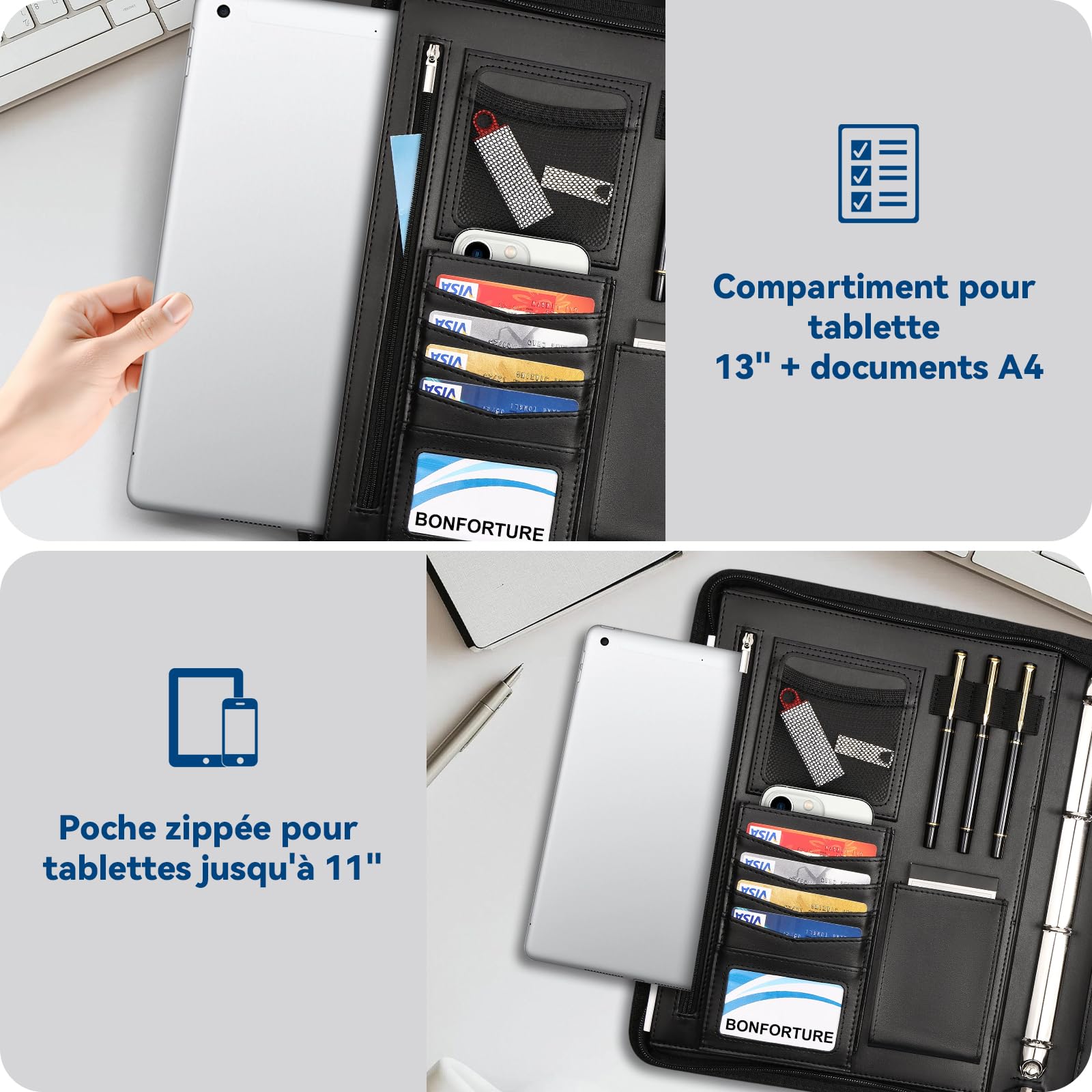 Porte Document A4 Cuir PU avec 5 Intercalaires, Portefeuille Portfolio Organiseur Bureau Noir