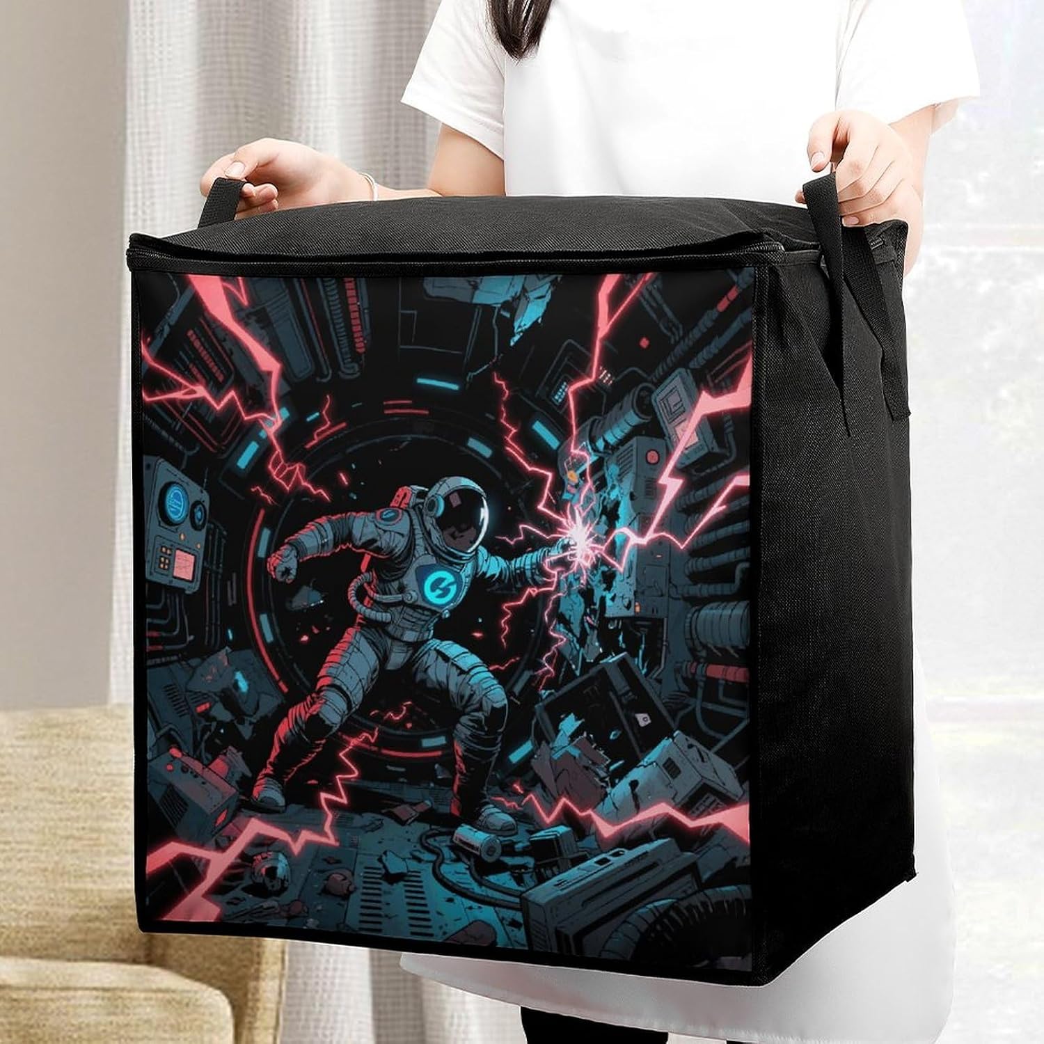 Blacklight Astronaut Storage Bag with Zippers And Handle Extra Large Bedding Comforter Storage Bag Foldable Blanket Storage Bags Fabric Moving Bags for Closet Organizer (70L)