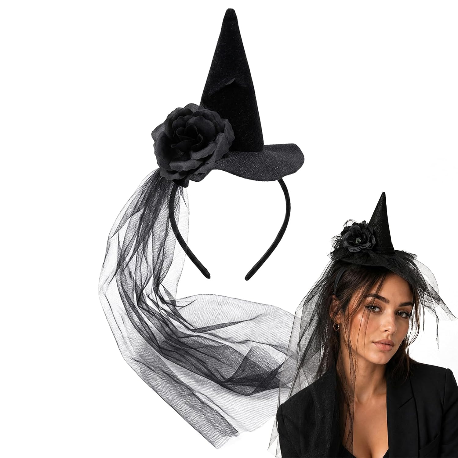 ForBaysy 1/2PCS Mini Witch Hats Headbands For Women and Girls, Halloween Costumes Accessories Black Mesh Veils Hats for Cosplay Party