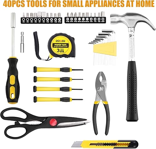 Miniatura 6 de DOWELL Juego de herramientas para el hogar de 40 piezas, color amarillo, kit de herramientas manuales para el hogar con caja de herramientas de