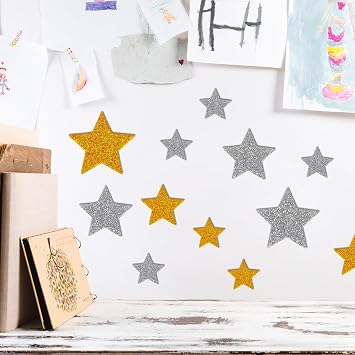200 PCS Glitter Foam Stickers, Gold Silver Foam Star Stickers Self Adhesive Glitter Foams Sticker, Gold Star Sticker Large Decals Decorations Supplies for Scrapbooks, Crafts and Cards