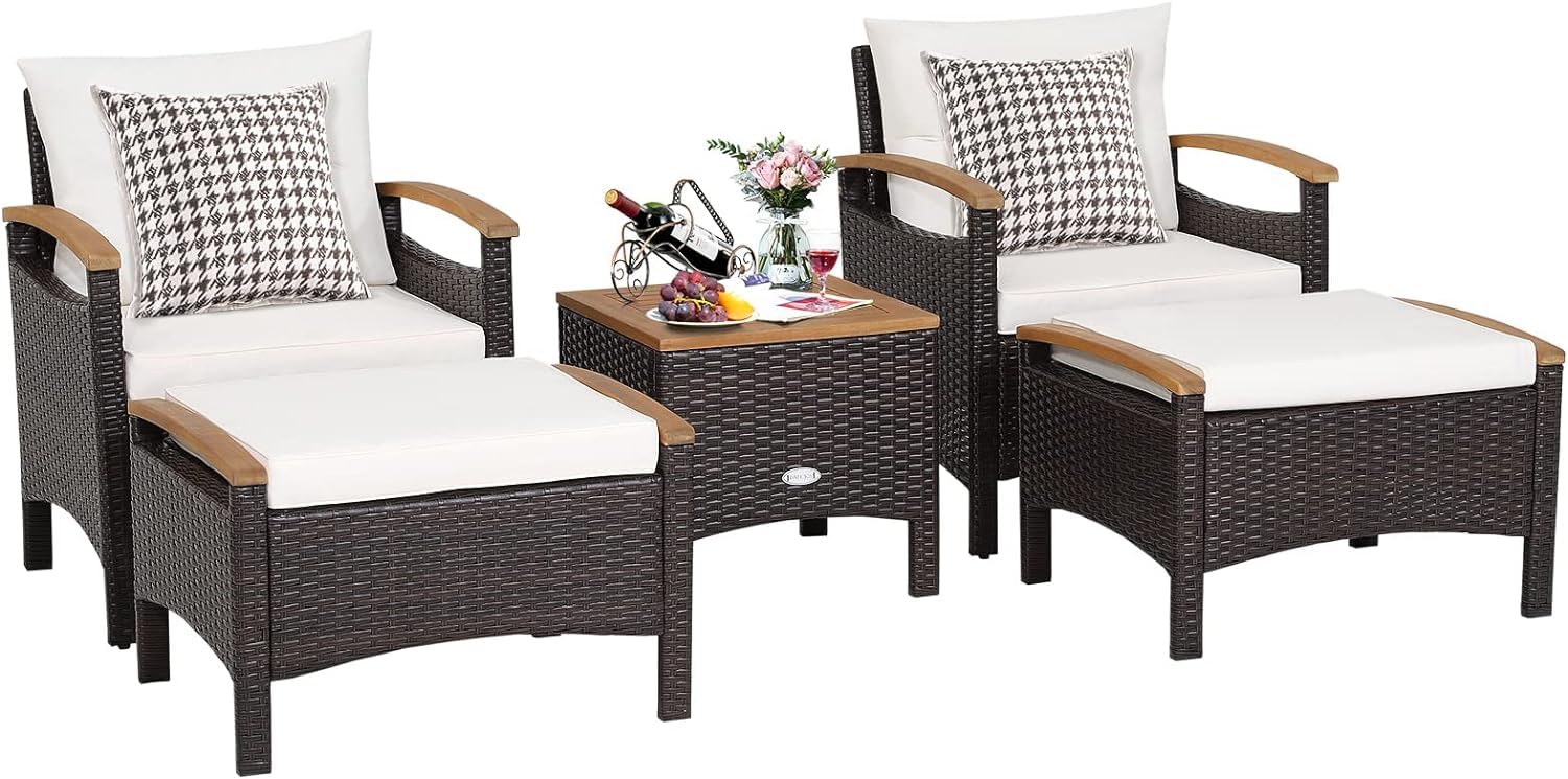 GIANTEX Juego de 5 Muebles de Jardín de Ratán, Conjunto de Muebles de 2 Sillones con Cojín y 2 Reposapiés y 1 Mesa de Café, Jardín, Balcón
