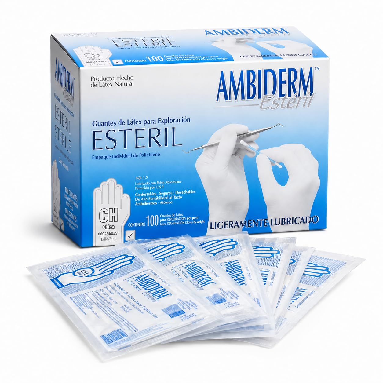 Guantes de látex estériles ambiderm, 100 piezas – guantes para exploración quirúrgica y médica, ligeramente lubricados con polvo, desechables, ambidiestros