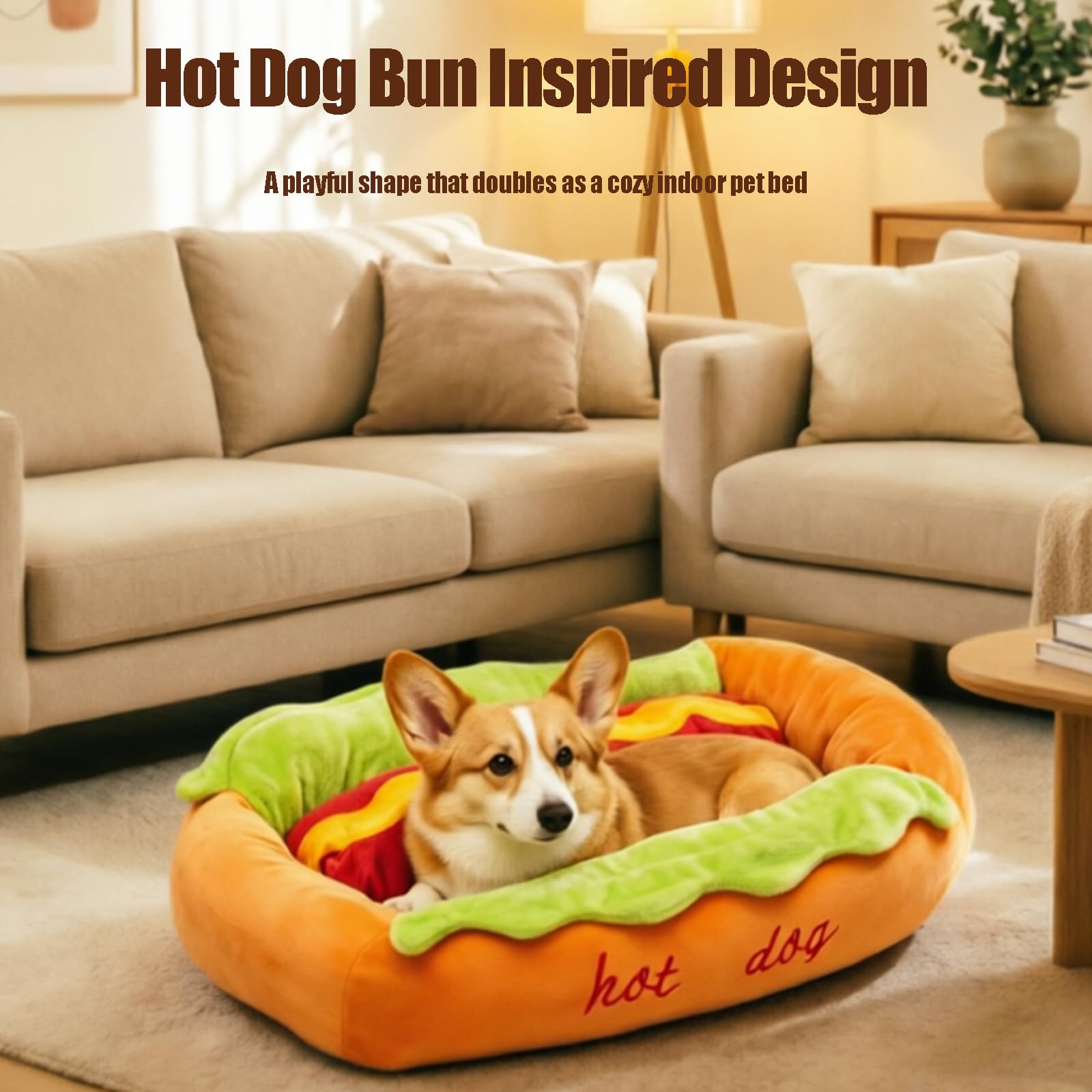 Genérico Cama para Perros «Hot Dog», con Un Divertido Diseño En Forma De Panecillo De Perrito Caliente, Sofá-Nido para Mascotas De Interior Fabricado En Microgamuza Y Pana Suave (1 Unidad L)