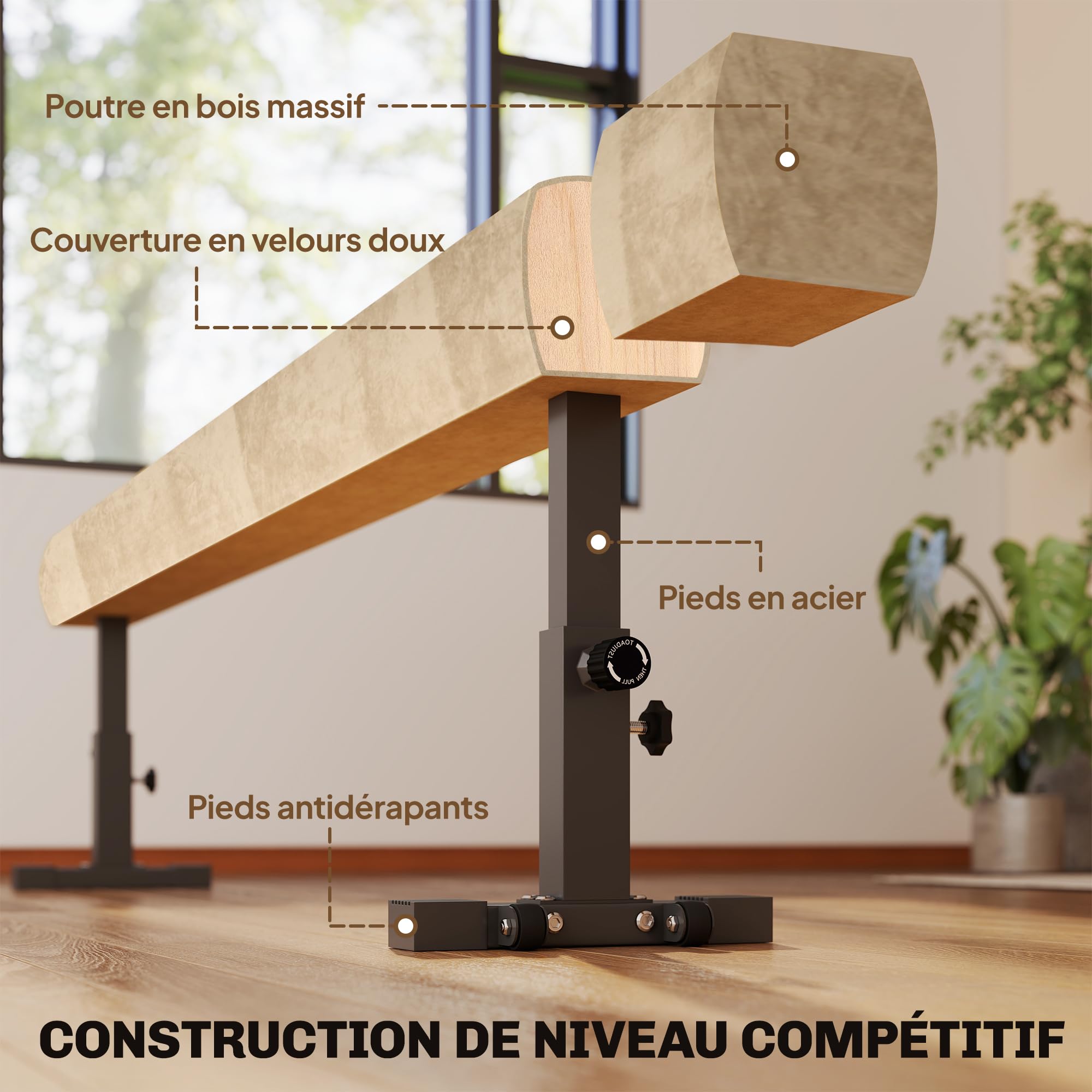 HOMCOM Poutre de Gymnastique 226 cm Antidérapant, Hauteurs Réglables, Poutre d'Équilibre avec roulettes, en Acier et Bois Massif, pour Entraînement à l'Équilibre, Marron