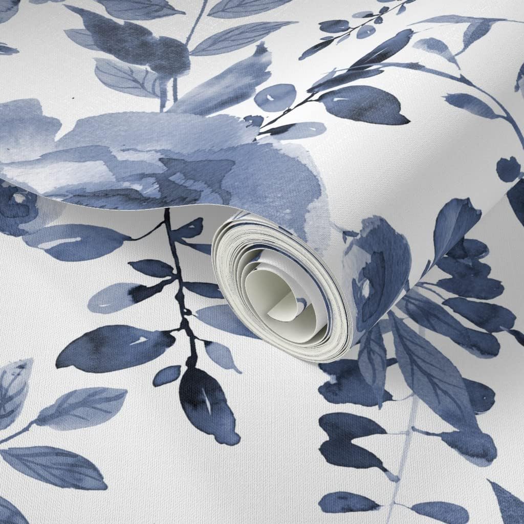 Peel & Stick Wallpaper 6ft x 2ft - Blue White Florals Flowers Floral Navy Indigo Boho Custom Removable Wallpaper by Spoonflower