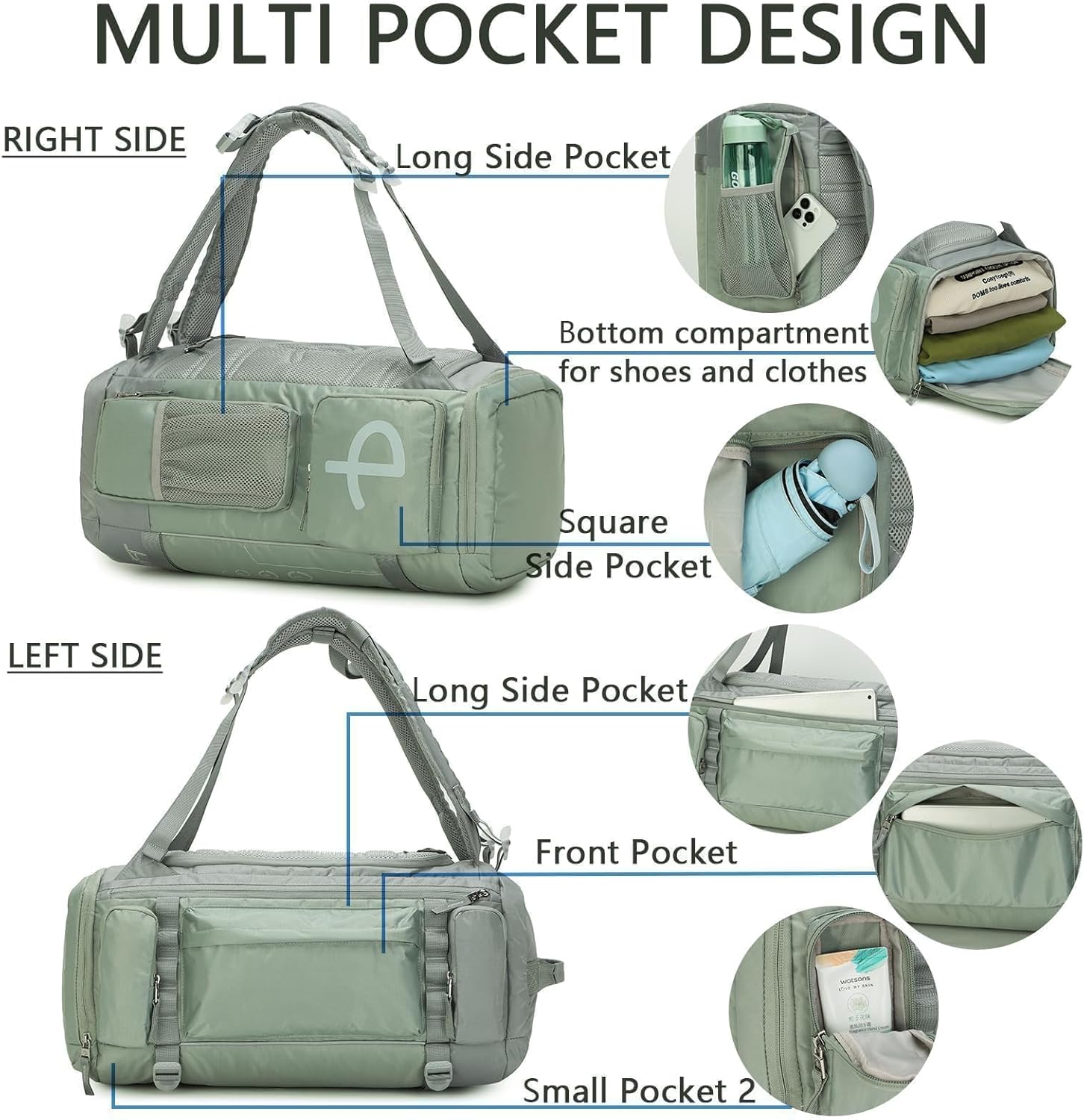 BE SMART 2 in 1 Convertible Gym Duffel Bags with Shoes Compartment-32L Waterproof Extra Large Workout Backpack for Gym Women, Heavy Duty Sports Duffle Backpacks for Travel, Hiking, Camping, Carry on - Image 4