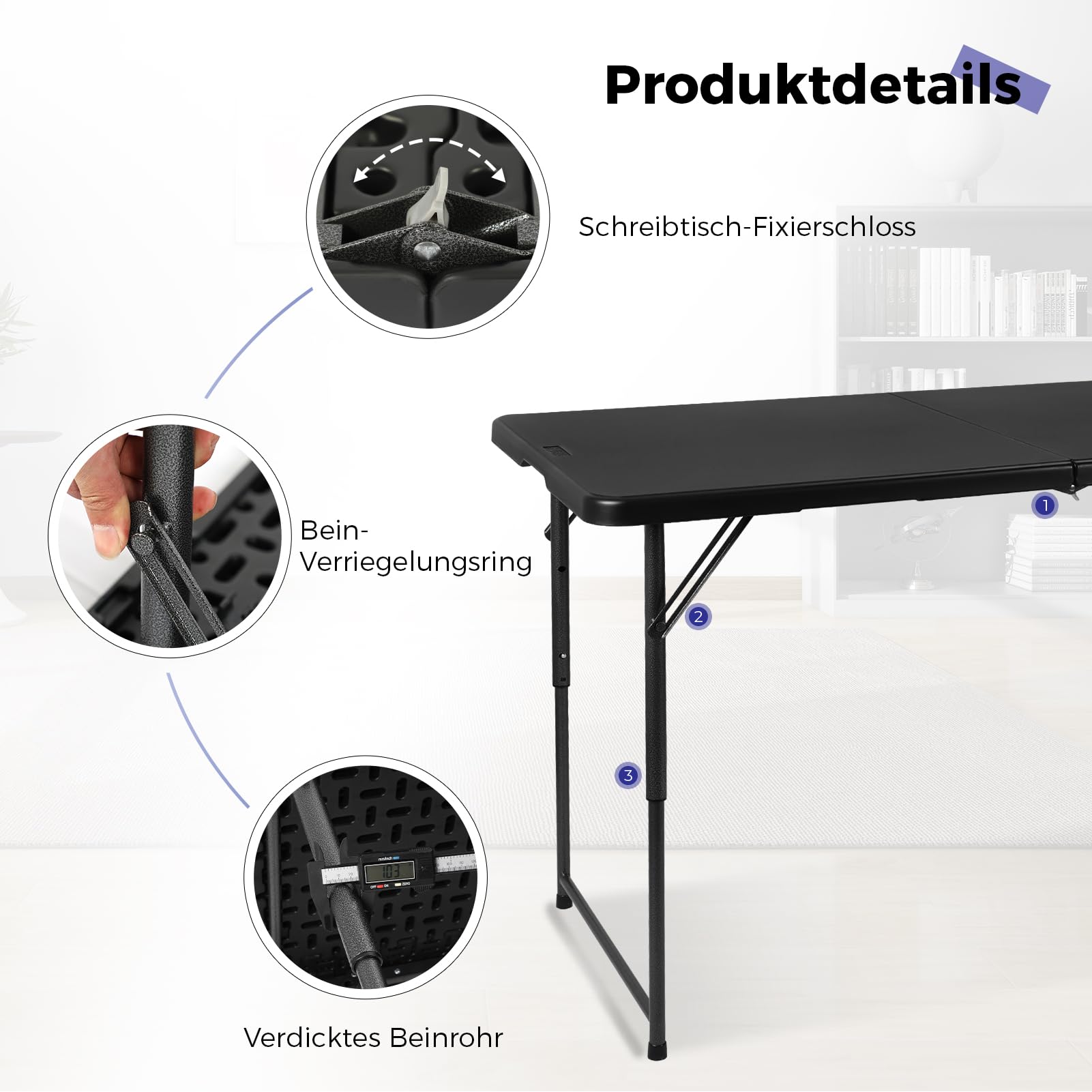 Byliable Klapptisch 120 cm tragbar, höhenverstellbar Campingtisch, Gartentisch Esstisch Partytisch klappbar faltbar, Outdoor Indoor, Schwarz
