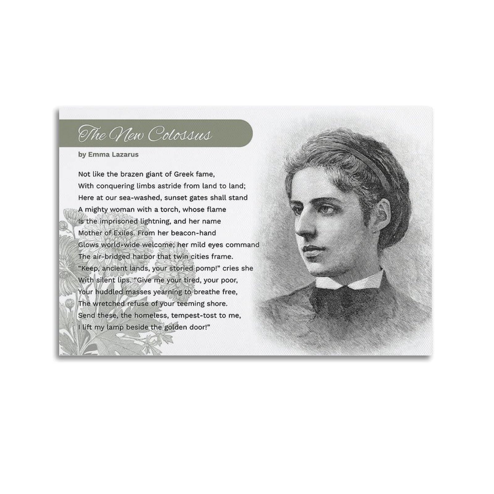 xiaoxiaoshen Emma Lazarus Inspirational Poem Canvas Poster Wall Art Prints Room Aesthetic Murals Bedroom And Living Decorations 20x30inch(50x75cm)