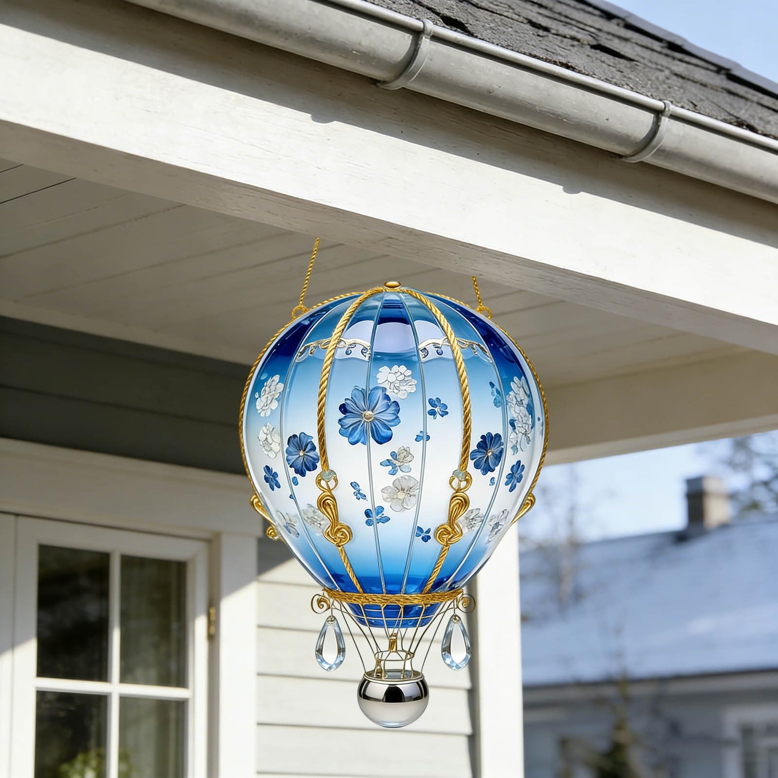 2D Acrylic Hot Air Balloon Sun Catcher, Hangable Solar Lantern Window Decoration Pendant for Courtyard Pathway Porch Farmhouse Patio and Garden Decor (Blue_E)
