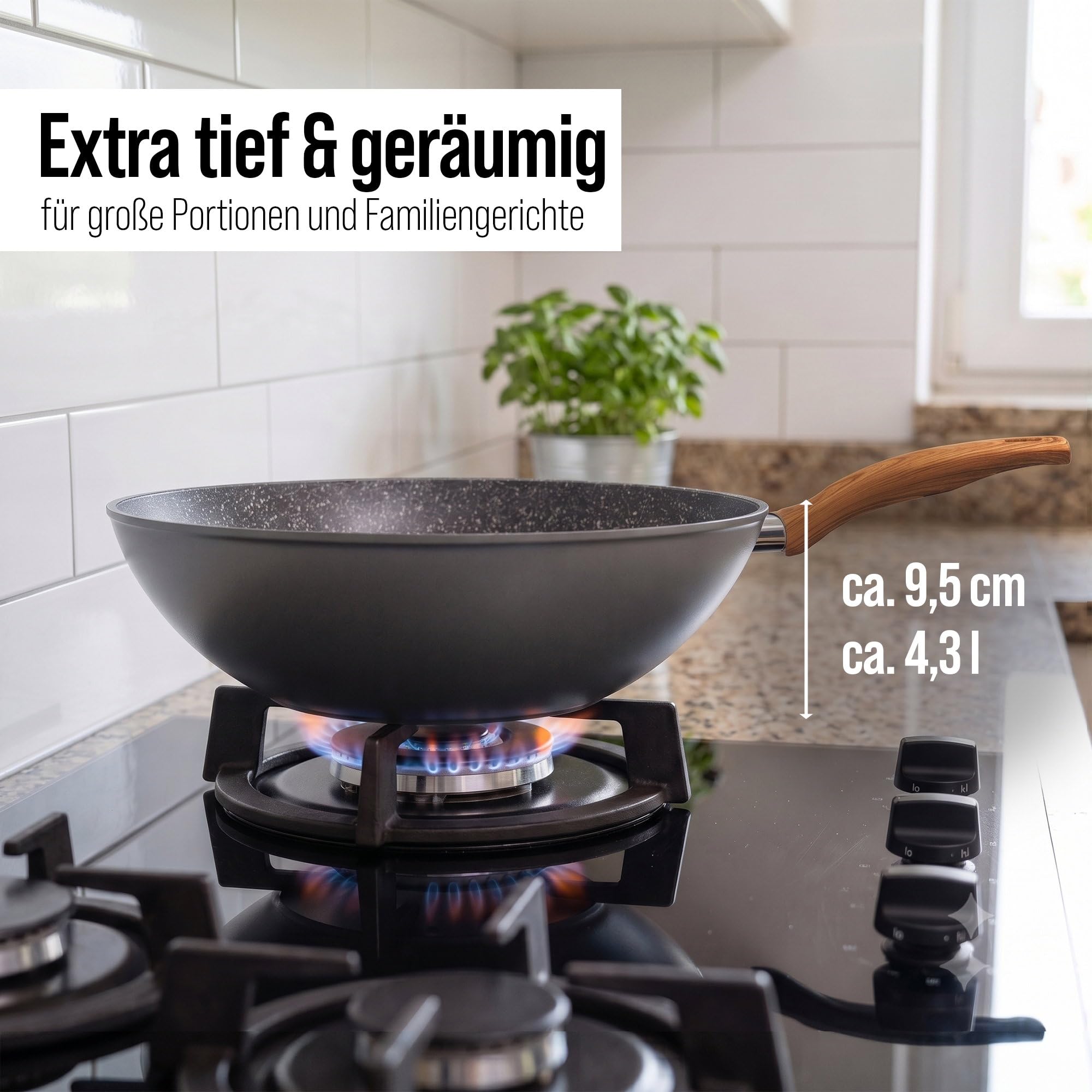 STONELINE Back to Nature Made in Germany Wok 30 cm, auch für öl- und fettfreies Braten, Wok Pfanne beschichtet mit echten Steinpartikeln, Wok Induktion und backofengeeignet