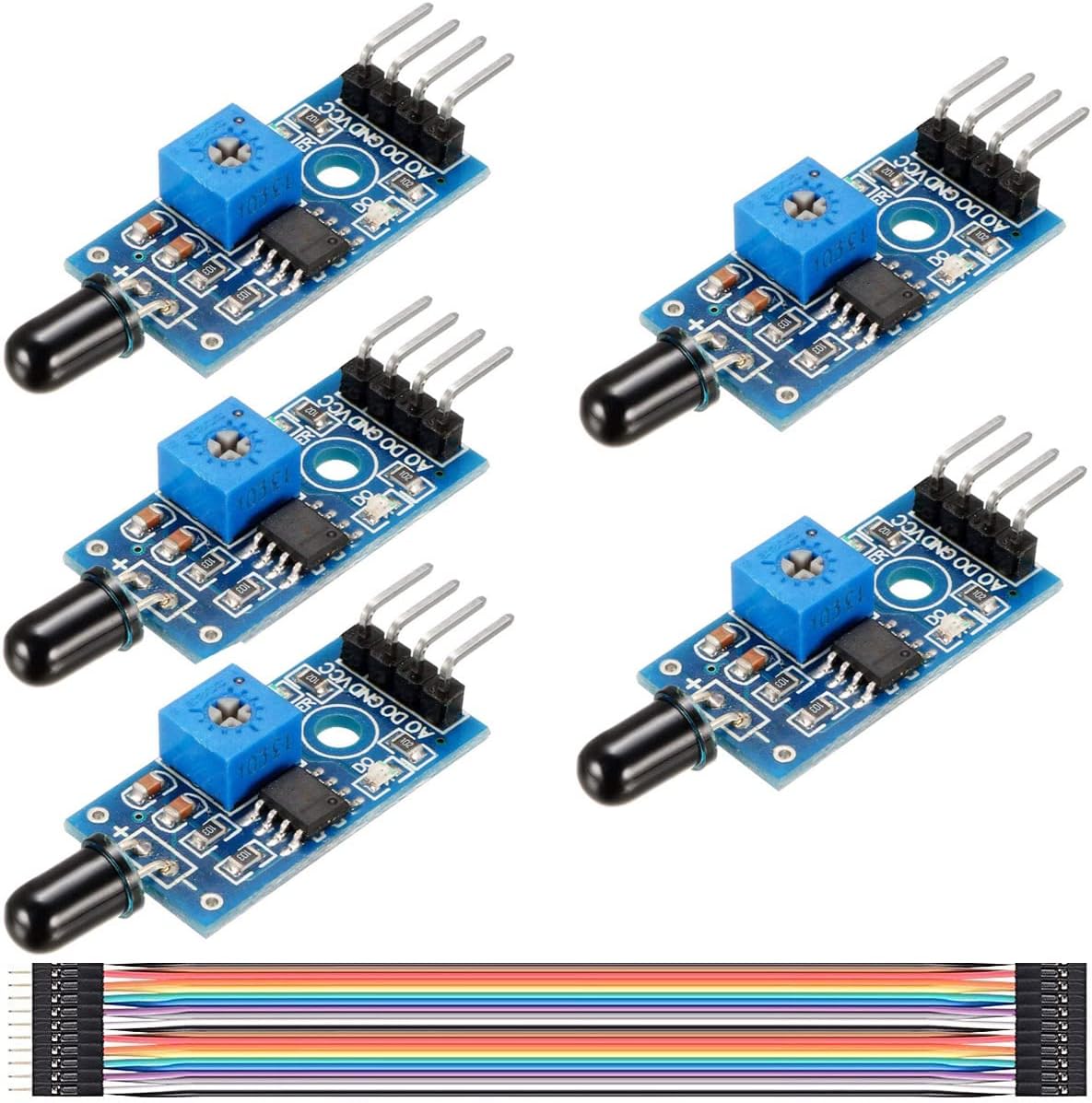5 pcs 3.3V-5V IR Infrared Flame Sensor Module 4 Pin Infrared Detection Module Detecting Distance 80cm with DuPont Cable for Arduino