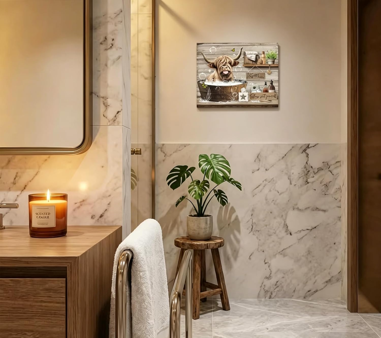 Kyiyhzp Bathroom Highland Cow Canvas Wall Art Rustic Farmhouse Cow Wall Decor Pictures Funny Animals Painting Artwork Bathing print in the tub for Bathroom Toilet Home Decoration 24x36in frame