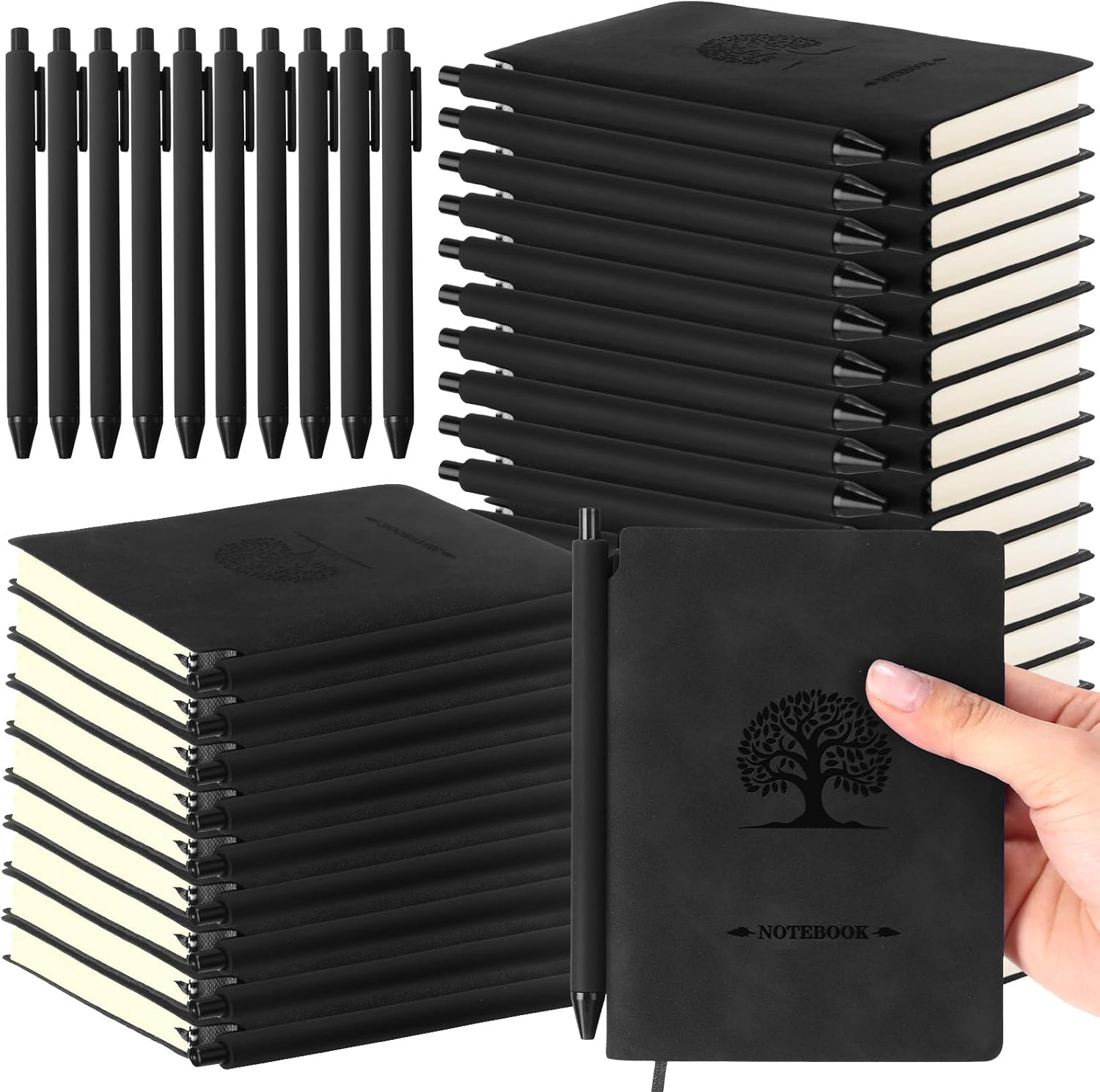 Jetec 30 Sets Notebooks Journals and Pens Bulk,4 x 5.8 Inch Small Leather Notepads A6 Pocket Notebooks with Pen Holder for School Business Work Writing Gift, 200 Pages(Black,Tree)