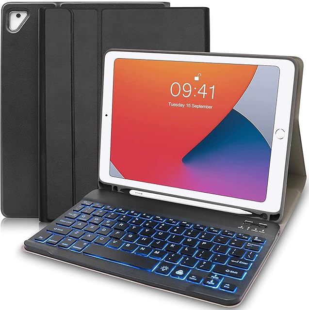 iPad Keyboard Case for iPad 6th Gen 2018, iPad 5th Gen 2017, iPad Pro 9.7, iPad Air 2, iPad Air 1 - Protective Cover with Detachable Keyboard - 7 Colors Backlight & Built-in Pencil Holder (Black)