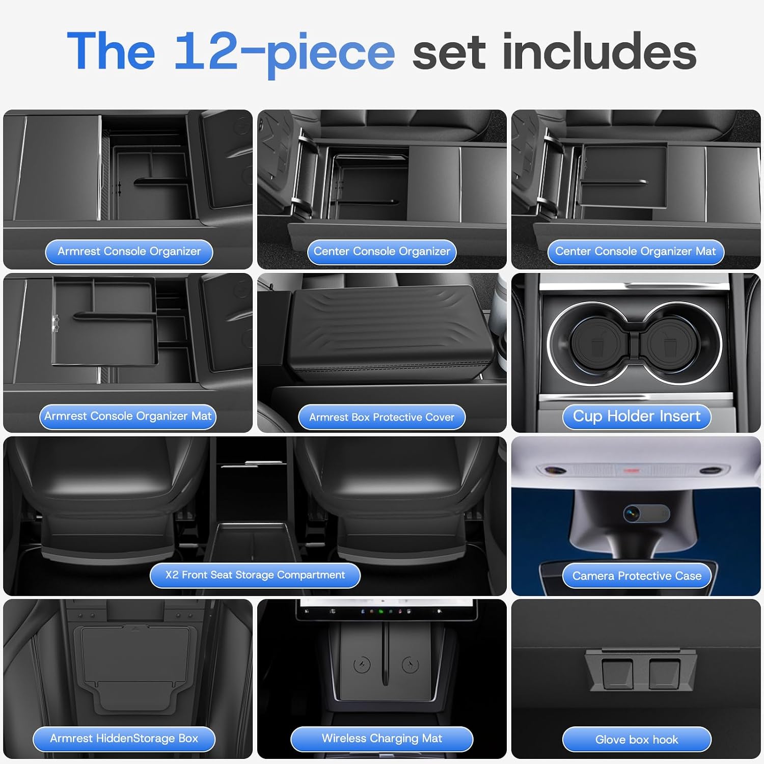 12PCS Center Console Organizer Tray for 2025 2026 Tesla Model Y Juniper Accessories, Under Seat Storage Armrest Hidden Storage Box Glove Box Hook Armrest Cover (Black, 12PCS 25-26 Model Y)
