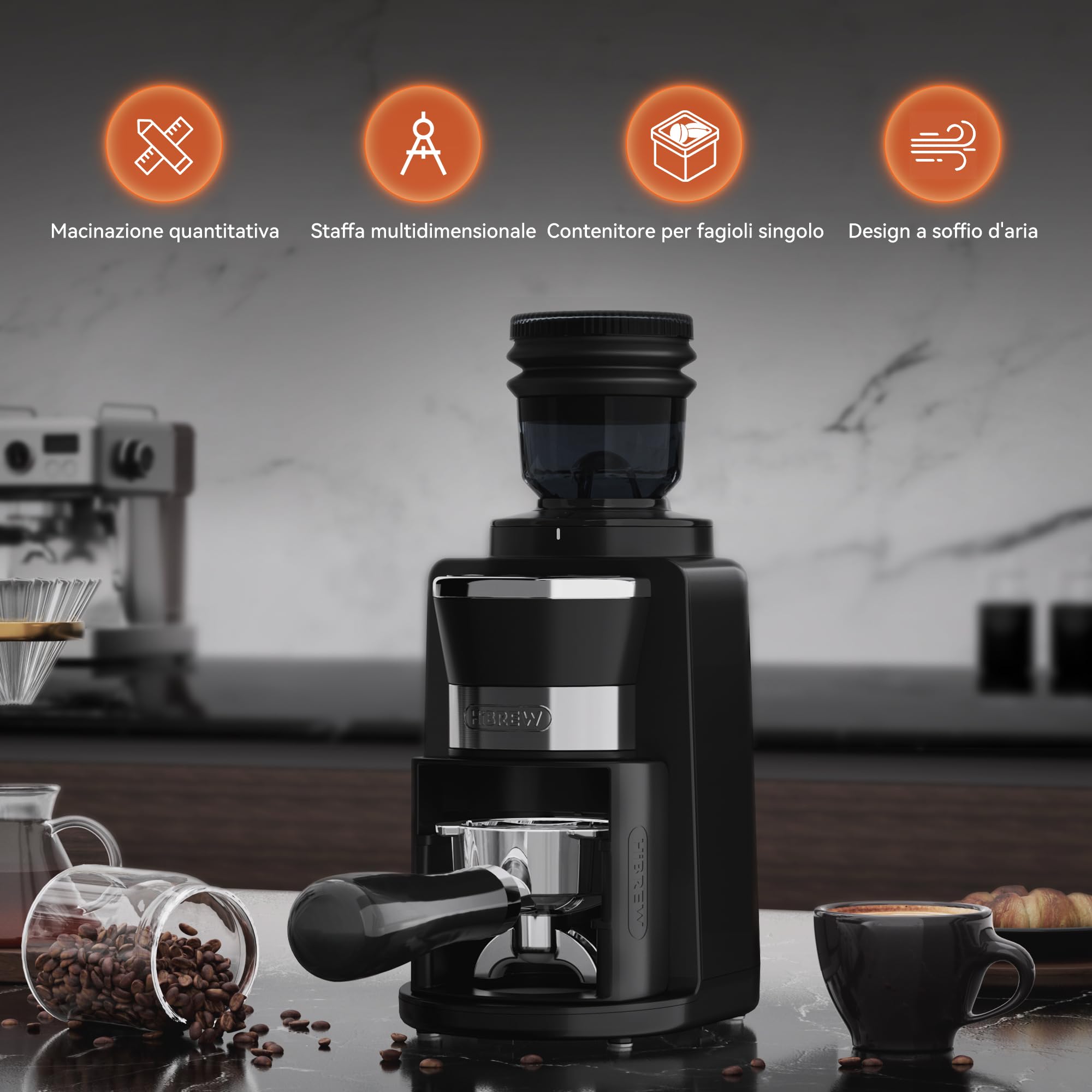 HIBREW Macinacaffè elettrico – Macinacaffè conico in acciaio inox con aroma conservato, tazza singola, 200 Watt, 31 impostazioni di macinazione regolabili