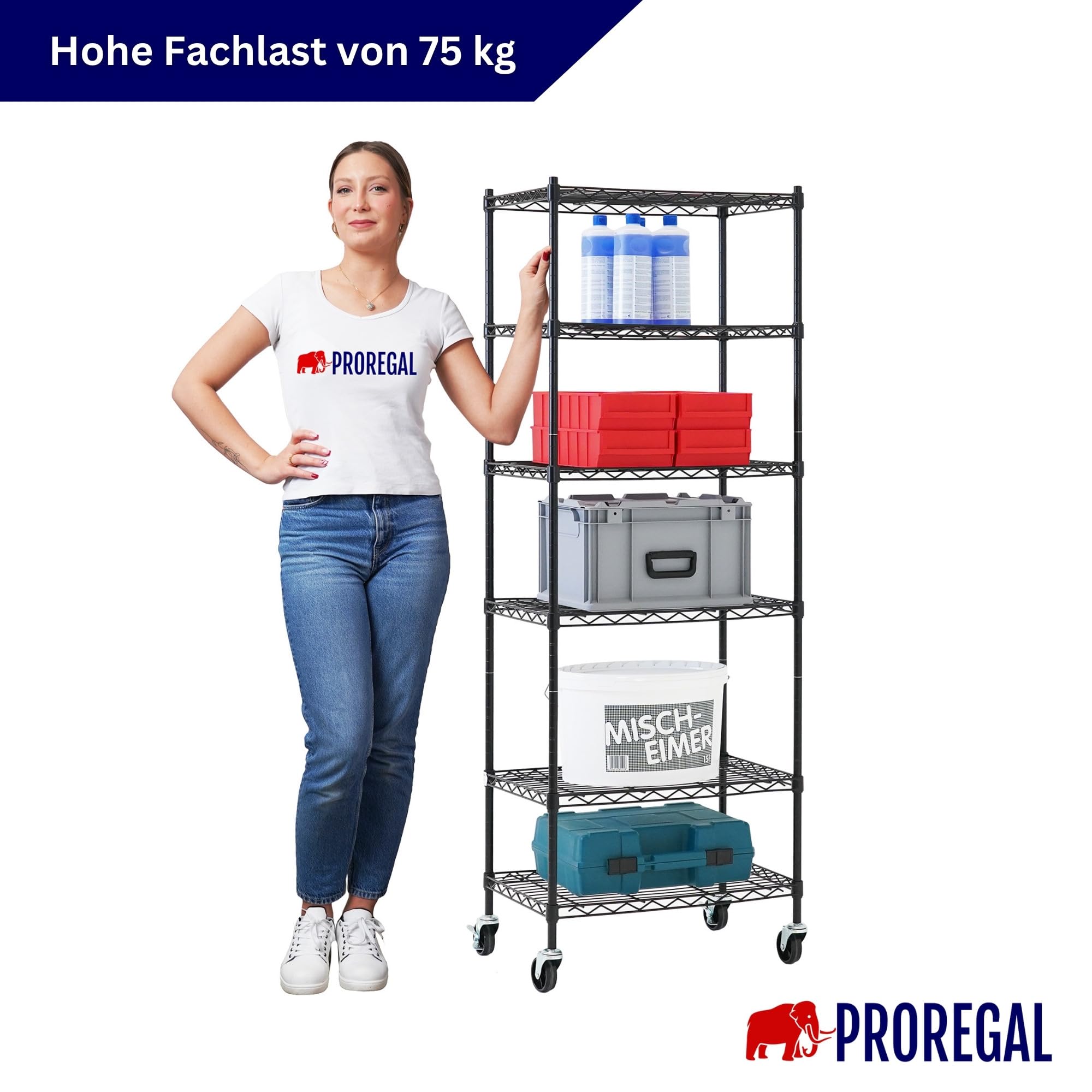 PROREGAL Gitterregal Hades mit Rollen & 6 Gitterböden Metall 160x60x40cm Fachlast 75kg Metallregal Schwarz Drahtregal Schmal Küchenregal Aufbewahrungsregal