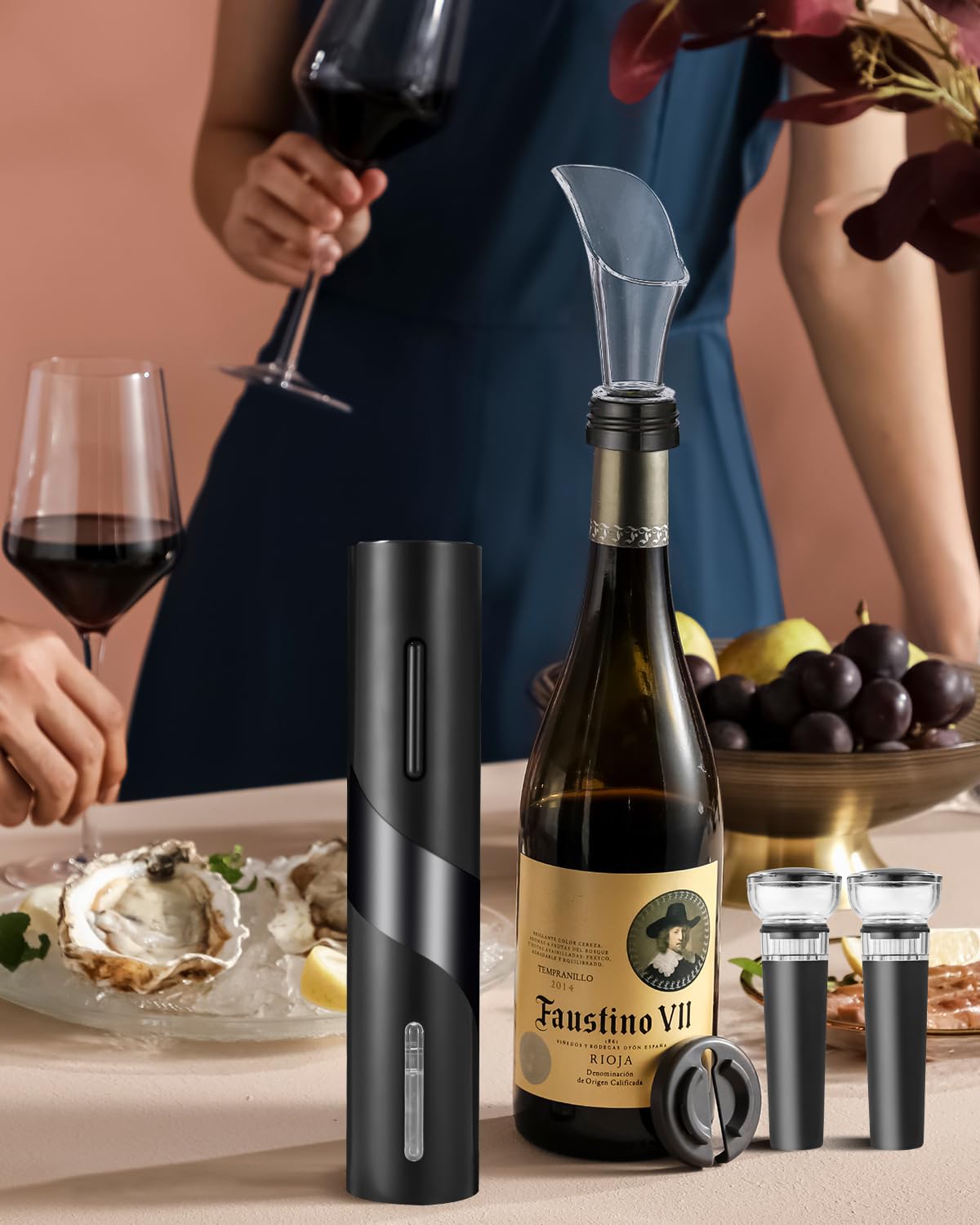 Sacacorchos eléctrico, abridor de vino electrico, set abrebotellas de vino que contiene cortador de papel de aluminio, vertedor de vino y tapón de vino al vacío, funciona con pilas