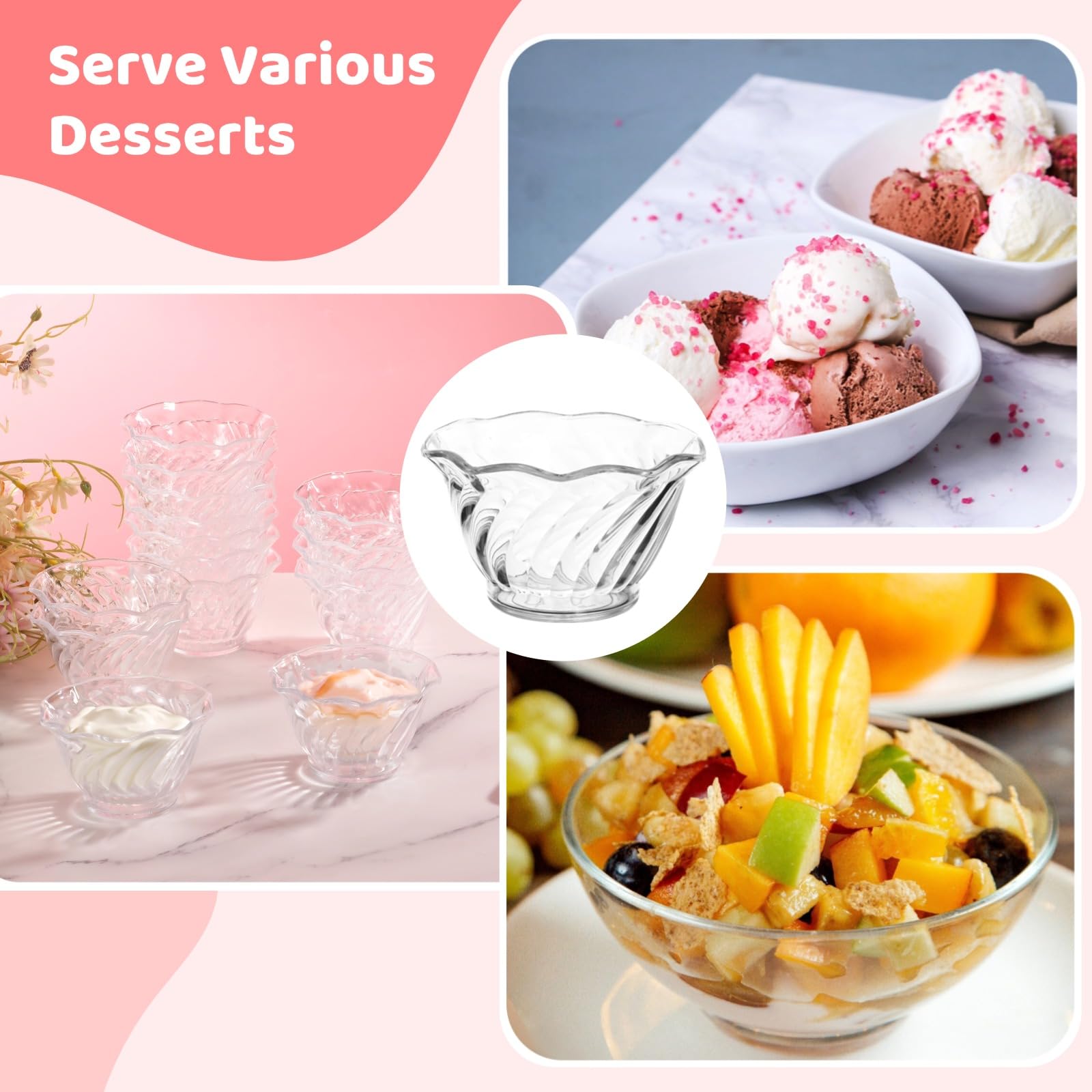 Homaisson Paquete de 32 vasos de postre de plástico de 6 onzas, mini cuencos de helado, remolino transparente, en forma de tulipán, cuencos de degustación de Sundae, tazas redondas para servir bufé,