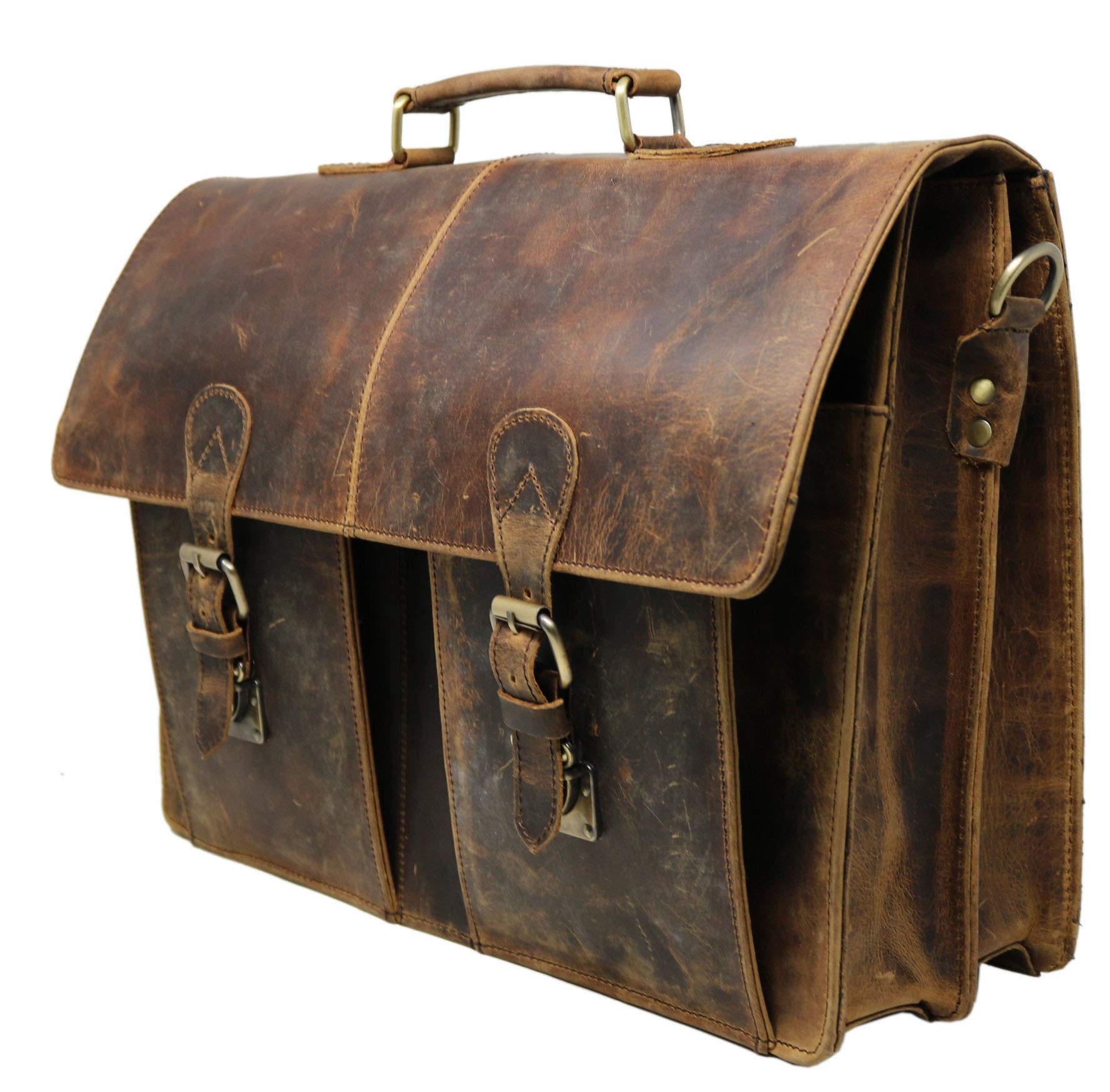 16" Mens Briefcase for Laptop Genuine Leather Messenger Bag for Men Satchel Distressed Stylish Professional Shoulder Bag