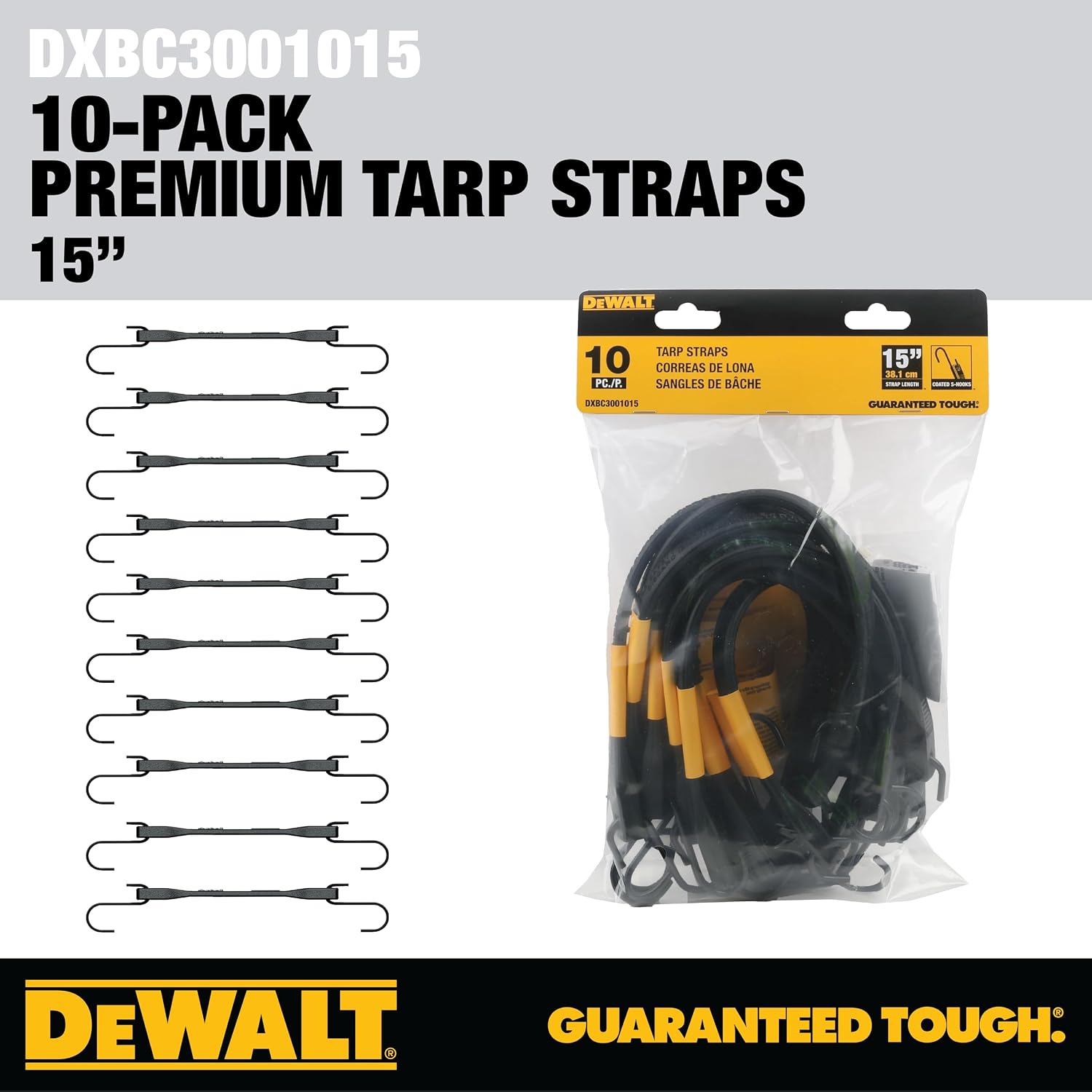 DEWALT 15" Natural Rubber Tarp Straps with Coated S-Hooks, 10 Pack | Flexible Rubber for Weather and Temp Resistance, Coated S‑Hooks, Use for Temporary Light‑Duty Jobs,Tarps & Daily Hauls