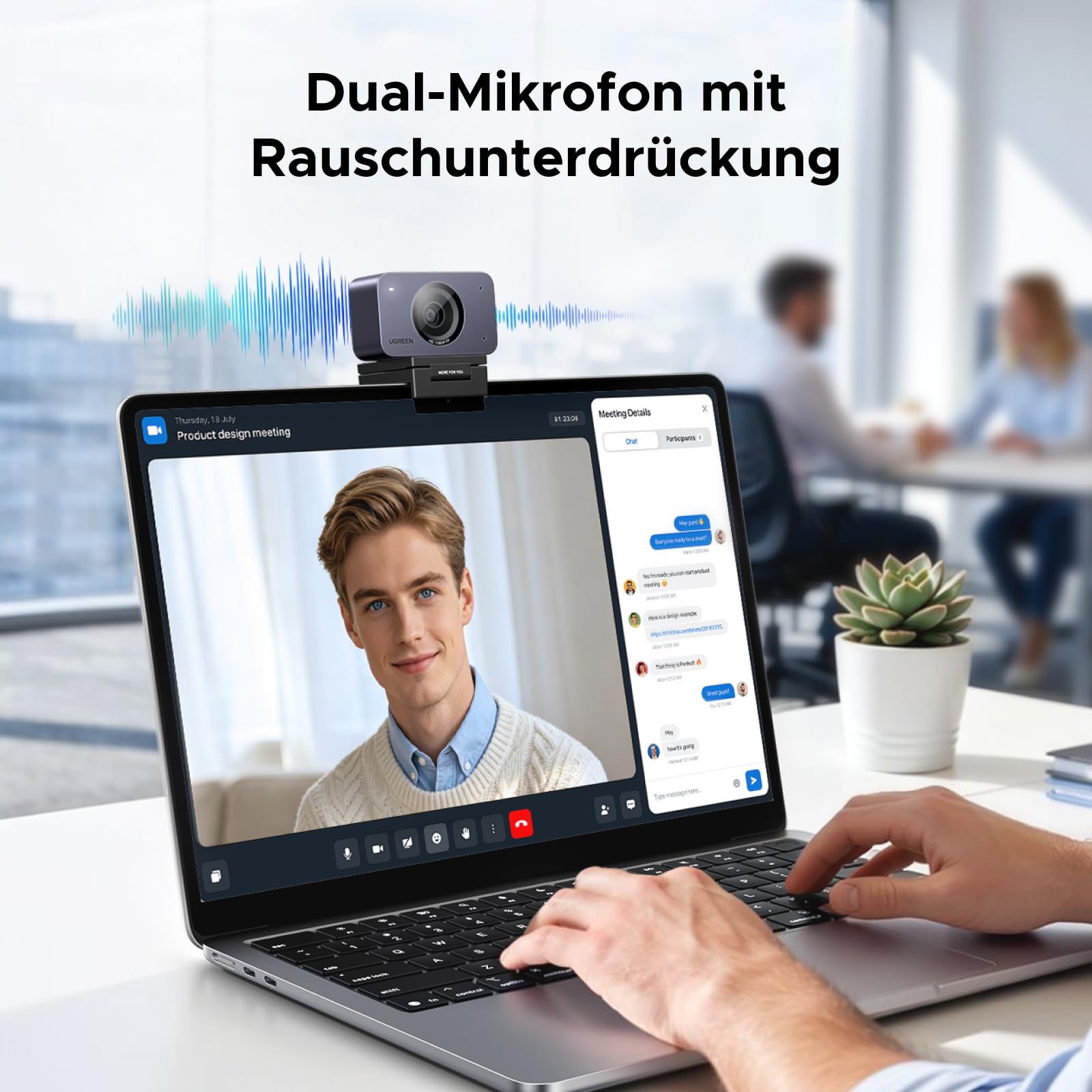 UGREEN FineCam 1080P, Fixfokus, Dual-Mikrofon, Face AE, Objektivdeckel | FHD Webcam 1080P 60FPS, Face AE, Geräuschunterdrückung, Porträtmodu, Stativ, USB-C Webcam für PC/Laptop/Windows/Mac