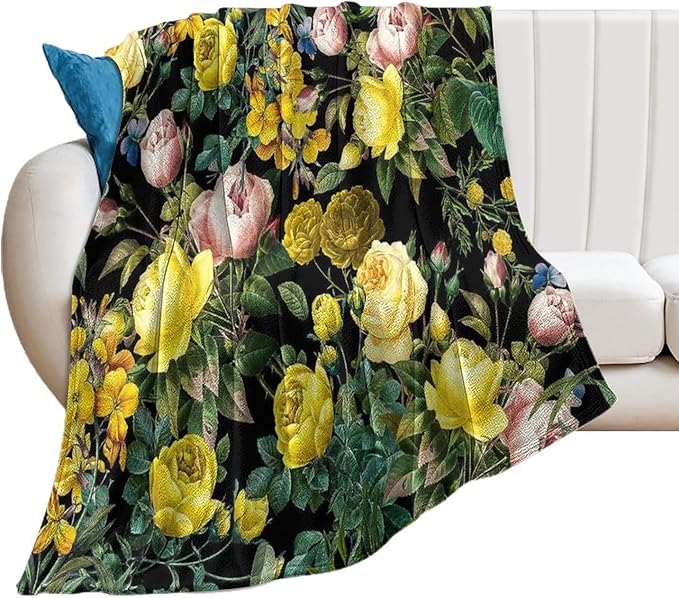 Yellow Black Green Floral Throw Blanket, Super Soft Warm