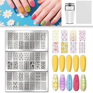 UNICRAFTALE 3Pcs Flowers Nail Plates Stamping Set Spring Bows Plants Stamp Nail Templates Reusable Stencils Stainless Steel DIY Nail Art Plates Nail Stamp Templates Kit DIY Printing Tools