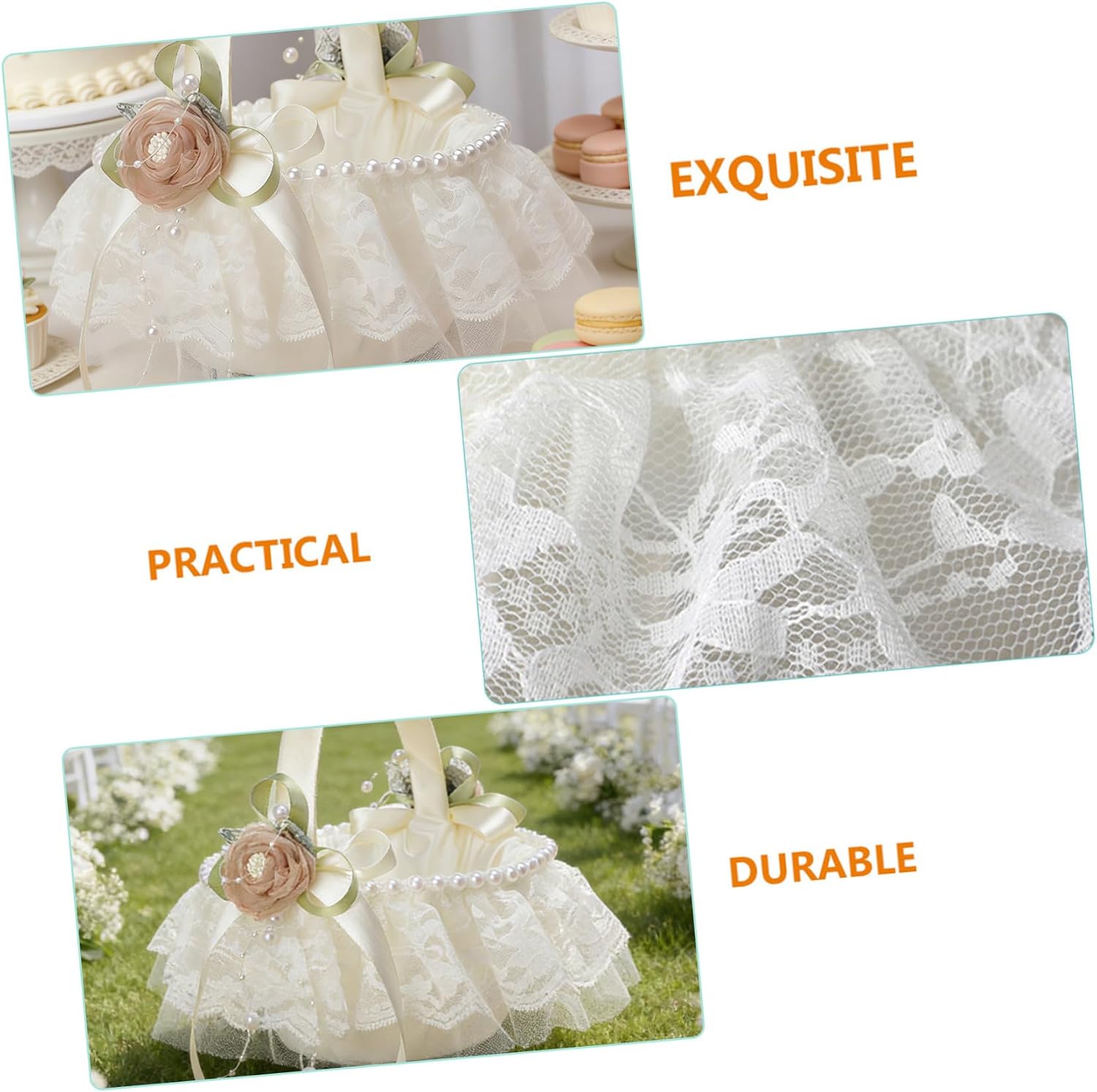 Flower Girl Basket with Pearls and Decorative Lace Handheld Wedding Flower Basket for Ceremony