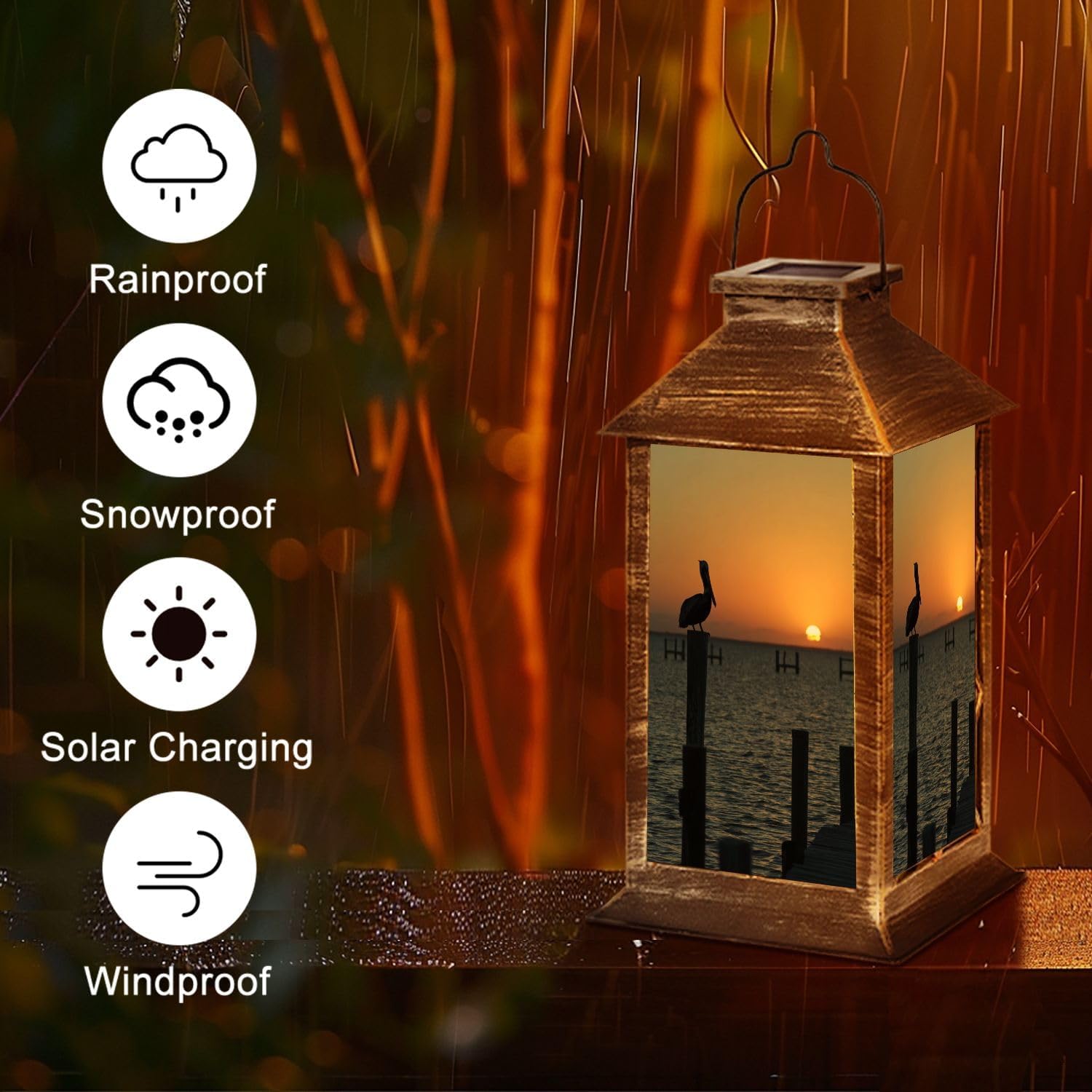 Solar Lantern Island Texas Sunset Pelican Perched Pier Coastal Landscape Outdoor Waterproof Hanging Solar Light Outside Lights for Patio Yard House Lawn Decor Birthday Gifts for Women Mom