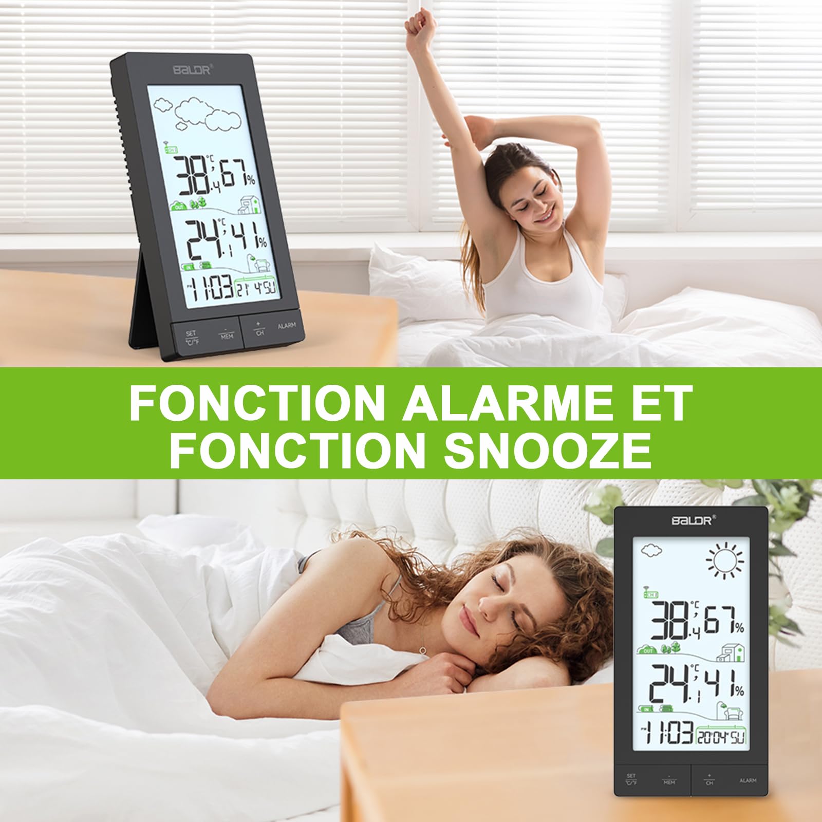 Station Météo Sans Fil Écran LCD 6,0' Capteur Extérieur Thermomètre Hygromètre Prévisions Réveil Noir