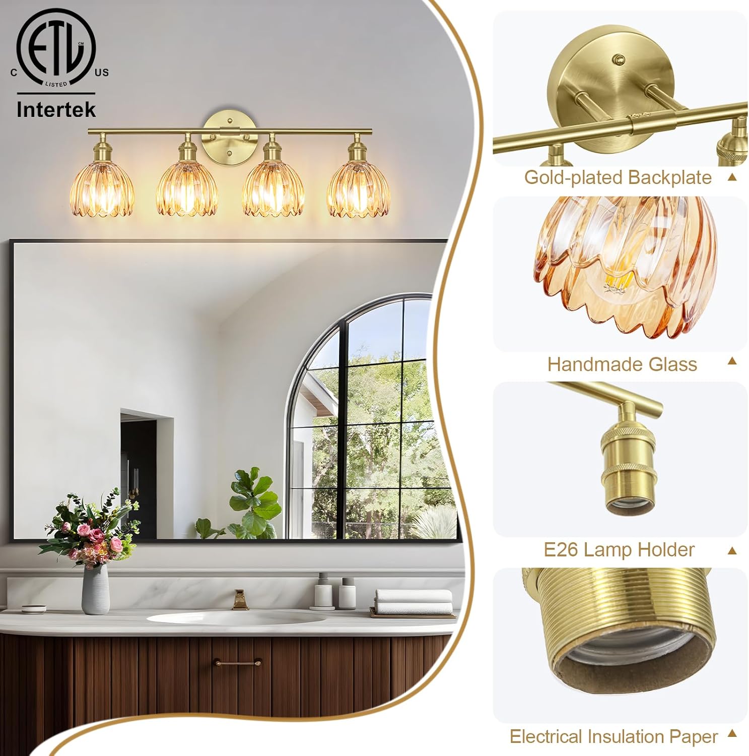 Vintage Bathroom Light Fixtures,4-Light Hardwired Vanity Lights with Amber Tulip Glass Shade,Gold Bathroom Vanity Light for Mirror Restroom,E26 Socket,25.2 in(Bulbs Not Included)