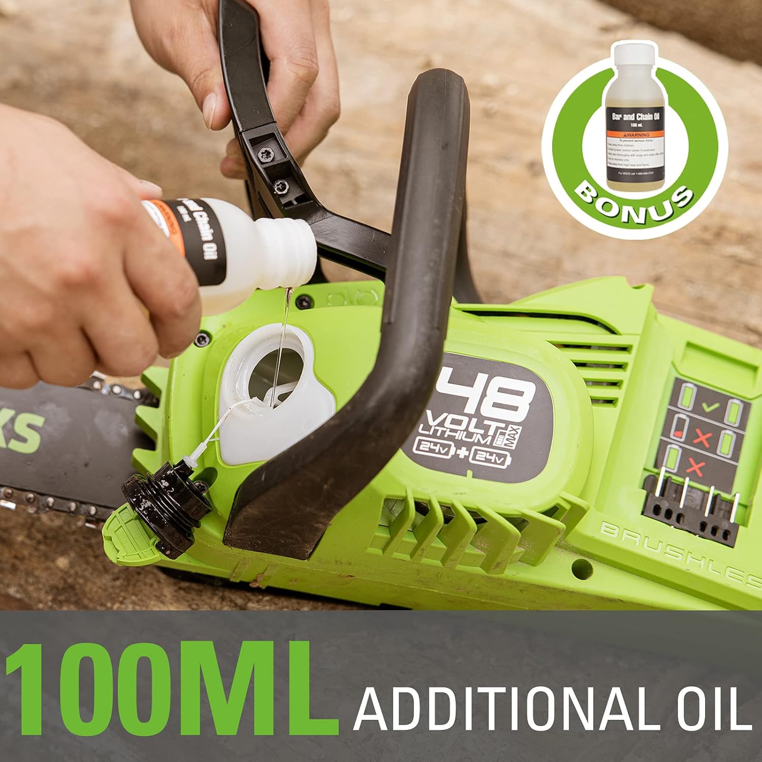Greenworks GD24X2CS36 chainsaw in use, highlighting its lightweight design at 3.8 kg.
