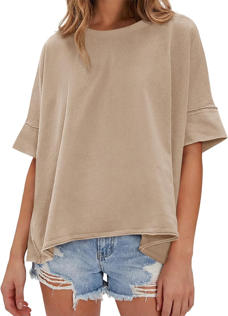 Tankaneo Womens Oversized T-Shirts Casual Summer Tees Short Sleeve Tops | Hi Low Drop Shoulder, Oversized Tshirts for Women, Crew Neck, Loose Fit, Basic Tees, Baggy Shirt, Half Sleeve, Solid Color