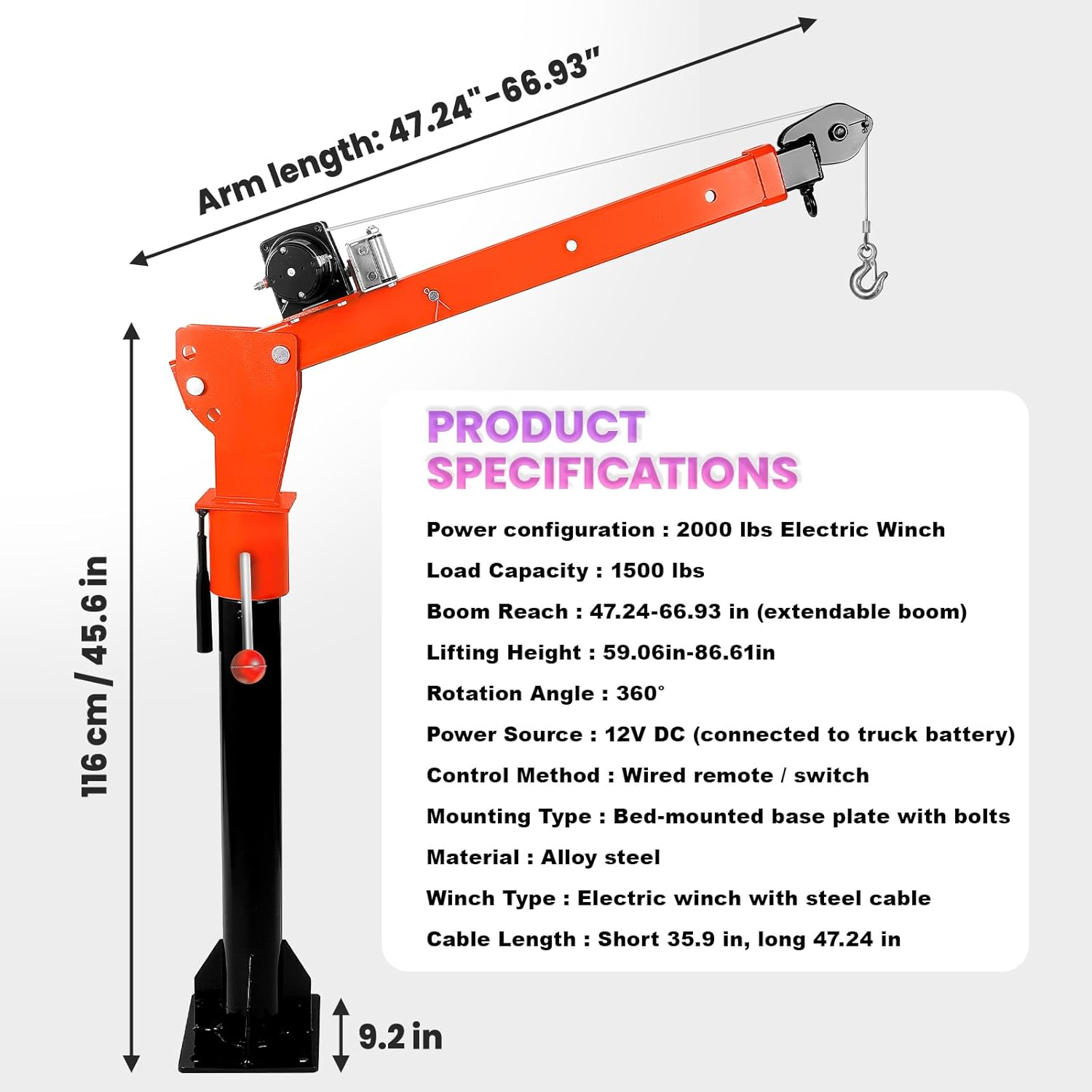 1500BLS Capacity Truck-Mounted Crane, Features 2000BLS Electric Winch, 360° Swivel, Extendable Boom & 3-Height Stand, 12V DC for Lifting Goods in Construction, Factory