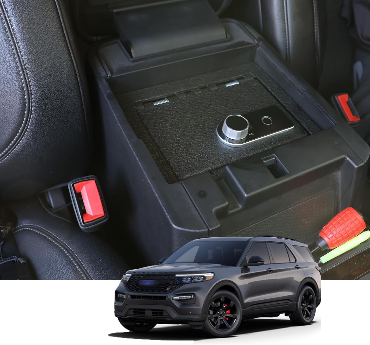 KEREN Center Console Gun Safe - Console Gun Vault Compatible with Ford Explorer 2020-2026, High Security Armrest Lock Box with Fingerprint Lock with Key