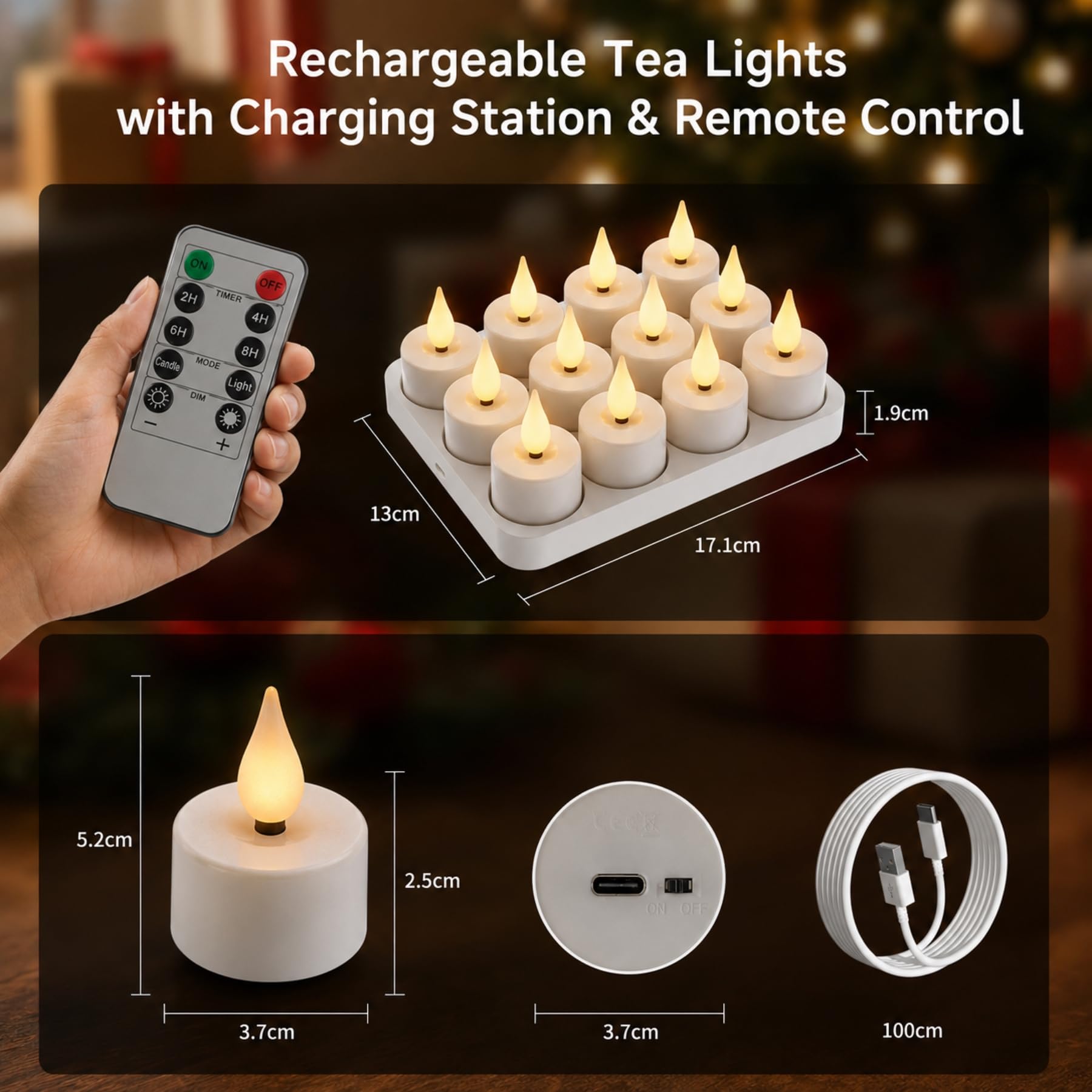 Lot de 12 bougies chauffe-plat LED rechargeables avec télécommande – Effet flamme vacillante, intensité réglable et station de charge – Idéal pour les fêtes et la décoration de Noël