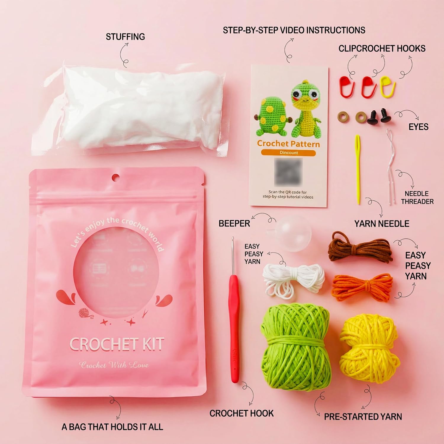 Eelexa Crochet Kit for Beginners - 2 Pack Set with Dinosaur Plush, Egg& Squeaker, Complete Starter Kit with Yarn, Tools & Video Tutorial, DIY Animal Craft Gift for Lovers