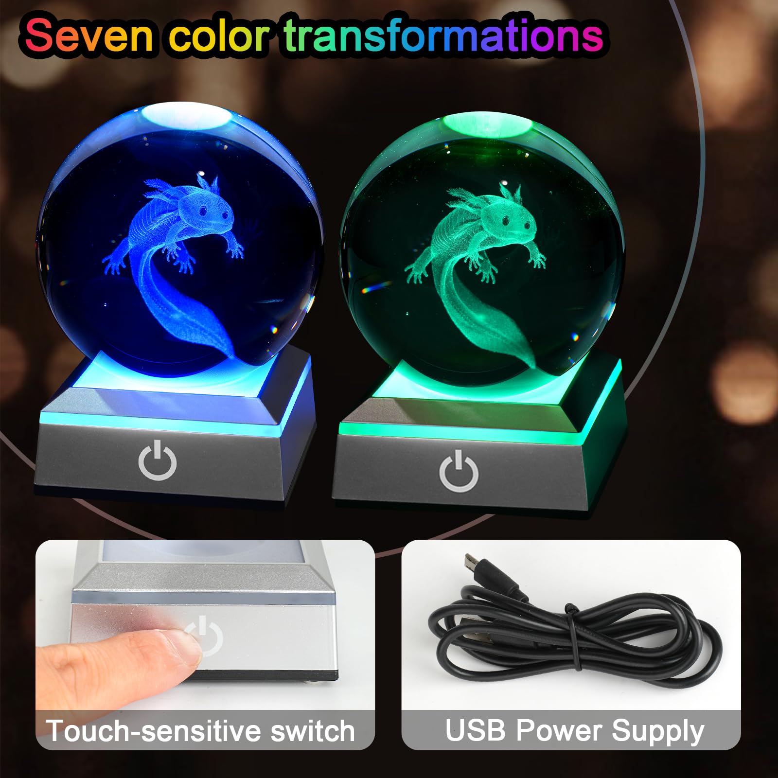 Eicxjui 3D Axolotl Crystal Night Light with Multicolor LED Base