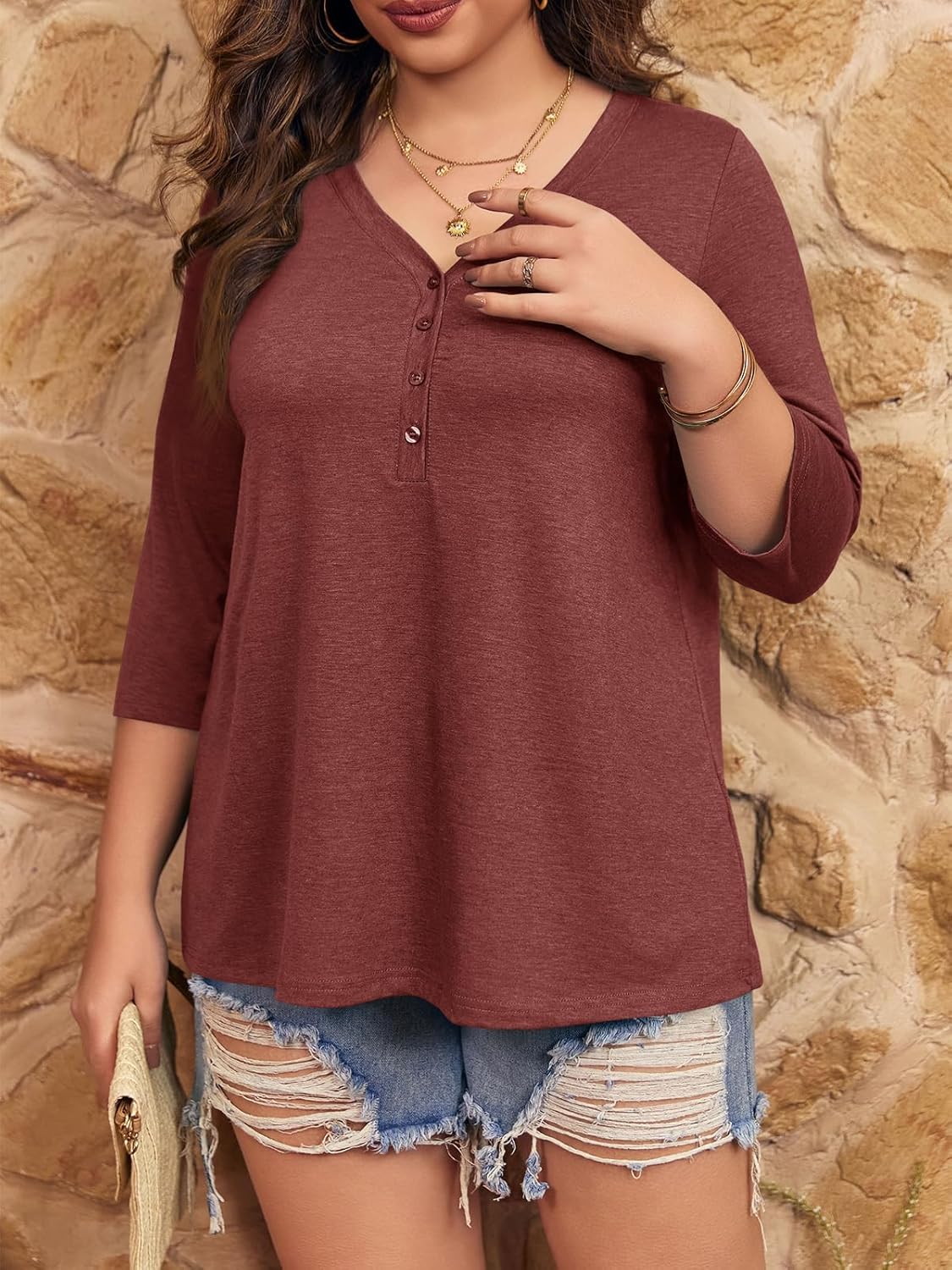 Tankaneo Women Plus Size Tops V Neck 3/4 Sleeve Casual T Shirts Loose Basic Tunic Tees - Image 4