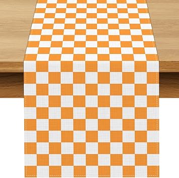 Orange White Checkered Table Runner Fall Thanksgiving Harvest Checkerboard Decoration for Wedding Birthday Bridal Baby Shower Christmas Home Party Kitchen Island Decor Orange, 13" x 108"