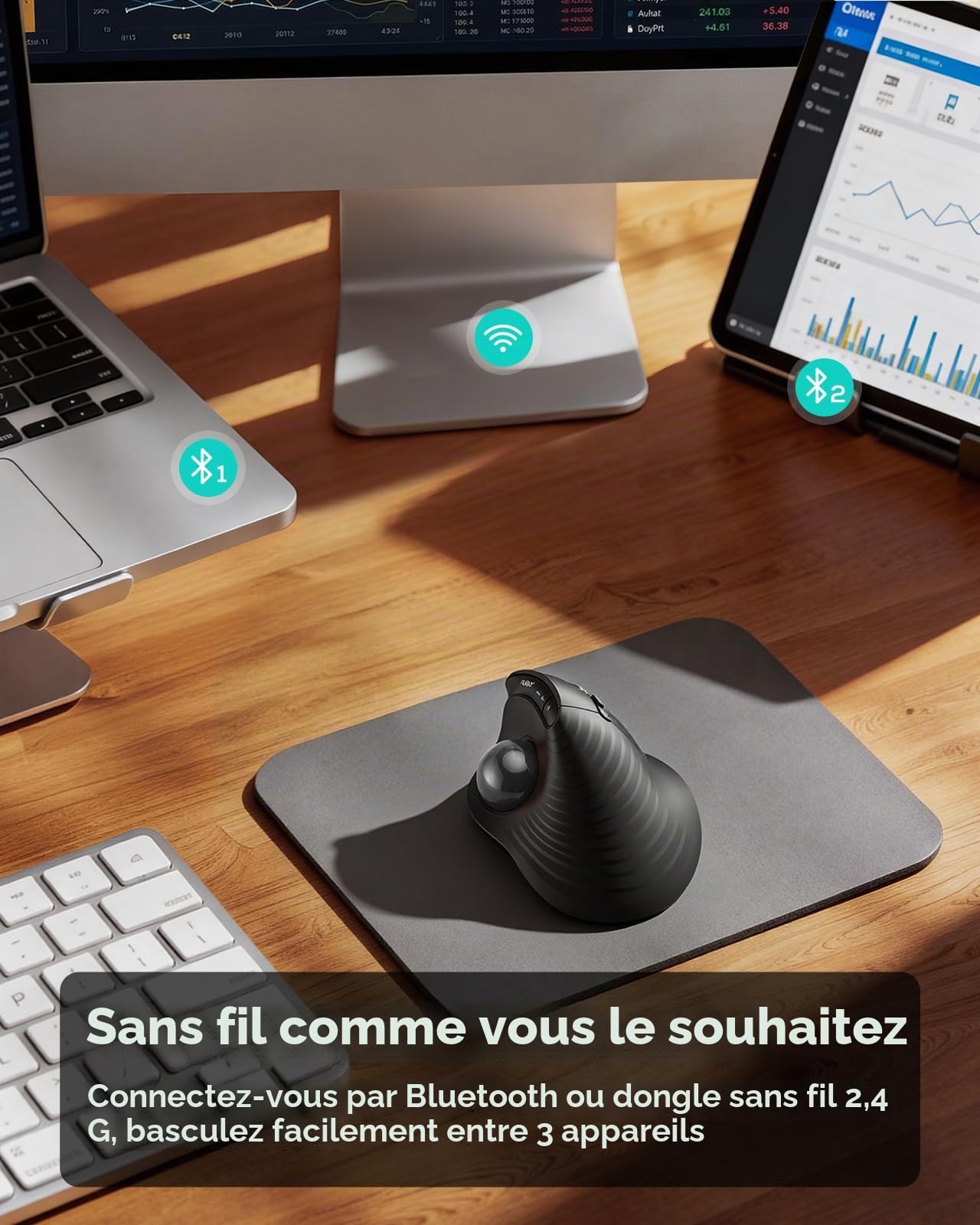 Nulea M514 Souris verticale ergonomique sans fil avec contrôle du pouce avec clics silencieux, défilement ultra-rapide, connexion 3 appareils (Bluetooth et récepteur USB), rechargeable pour PC/Mac