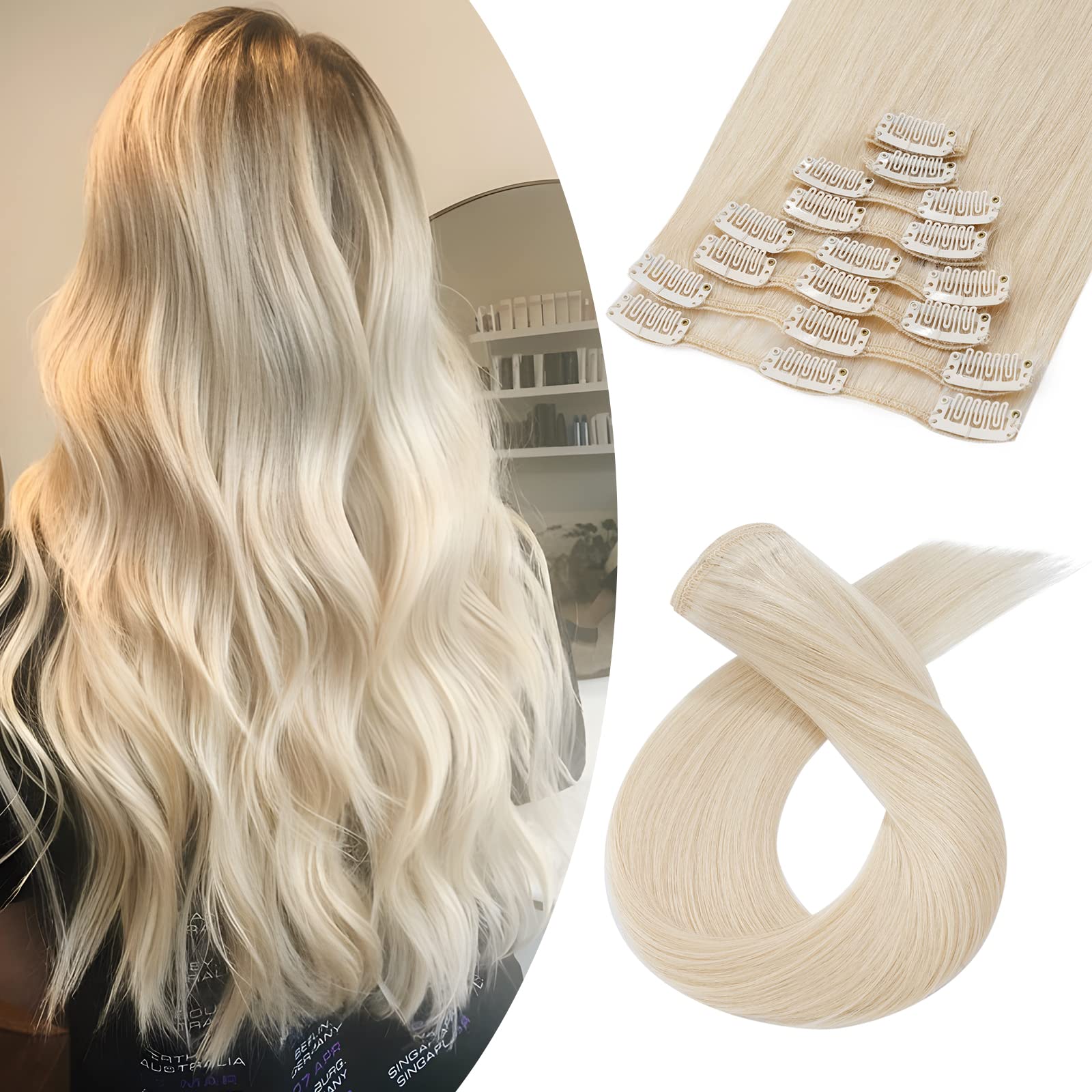 Human Hair Extensions Clip in Hair Extensions 8pcs Long Straight Remy Hair Clip on Hair 20 Inch Whitish Blonde #70