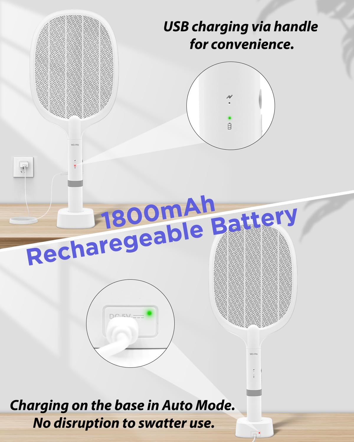 Elektryczna Packa na Muchy, 3000V Ładowalna Zabijacz Komarów z Lampą UV, 1800mAh Łapka Owady, Trzy Warstwy Ochrony z Siatki, Używana do Zabijania Komarów i Innych Latających Owadów